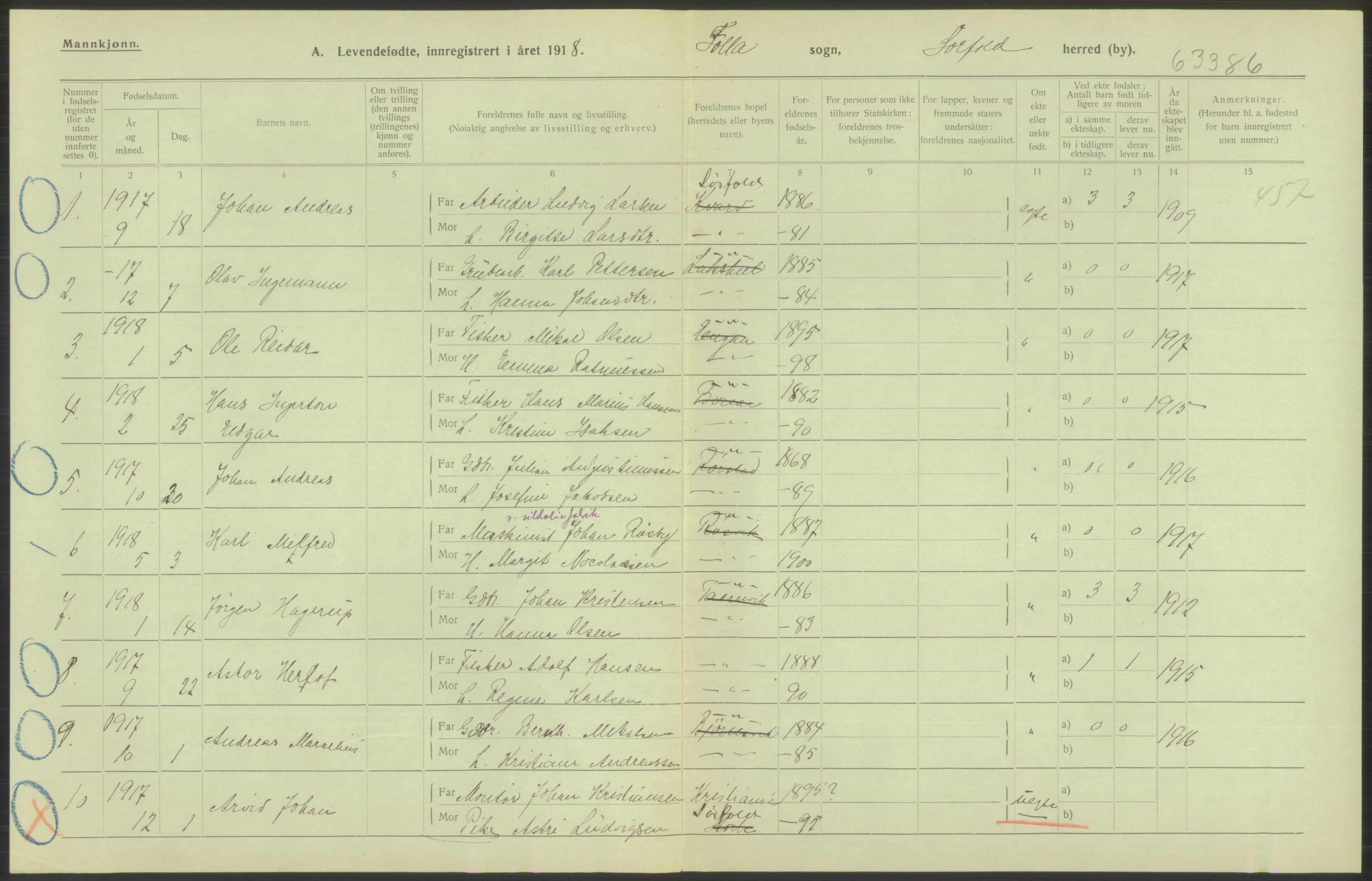 Statistisk sentralbyrå, Sosiodemografiske emner, Befolkning, AV/RA-S-2228/D/Df/Dfb/Dfbh/L0052: Nordland fylke: Levendefødte menn og kvinner. Bygder., 1918, p. 458