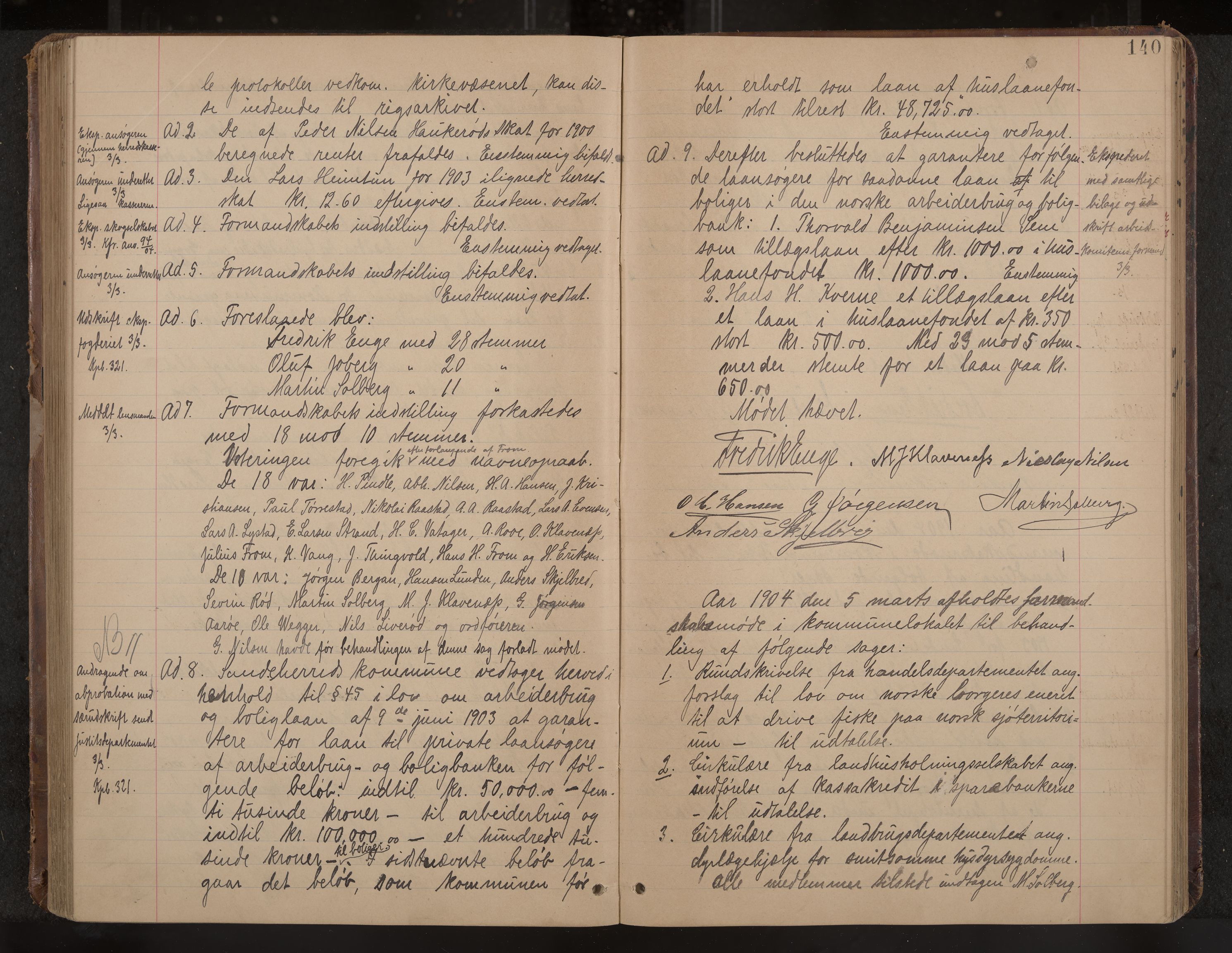 Sandar formannskap og sentraladministrasjon, IKAK/0724021/A/Aa/L0003: Møtebok med register, 1900-1907, p. 140