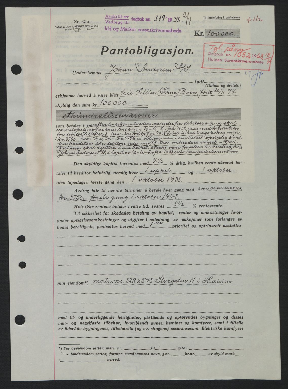 Idd og Marker sorenskriveri, AV/SAO-A-10283/G/Gb/Gbc/L0001: Mortgage book no. B1-3, 1936-1939, Diary no: : 319/1938