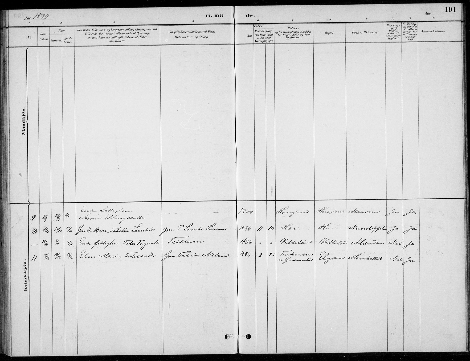 Hå sokneprestkontor, AV/SAST-A-101801/001/30BB/L0004: Parish register (copy) no. B 4, 1883-1899, p. 191