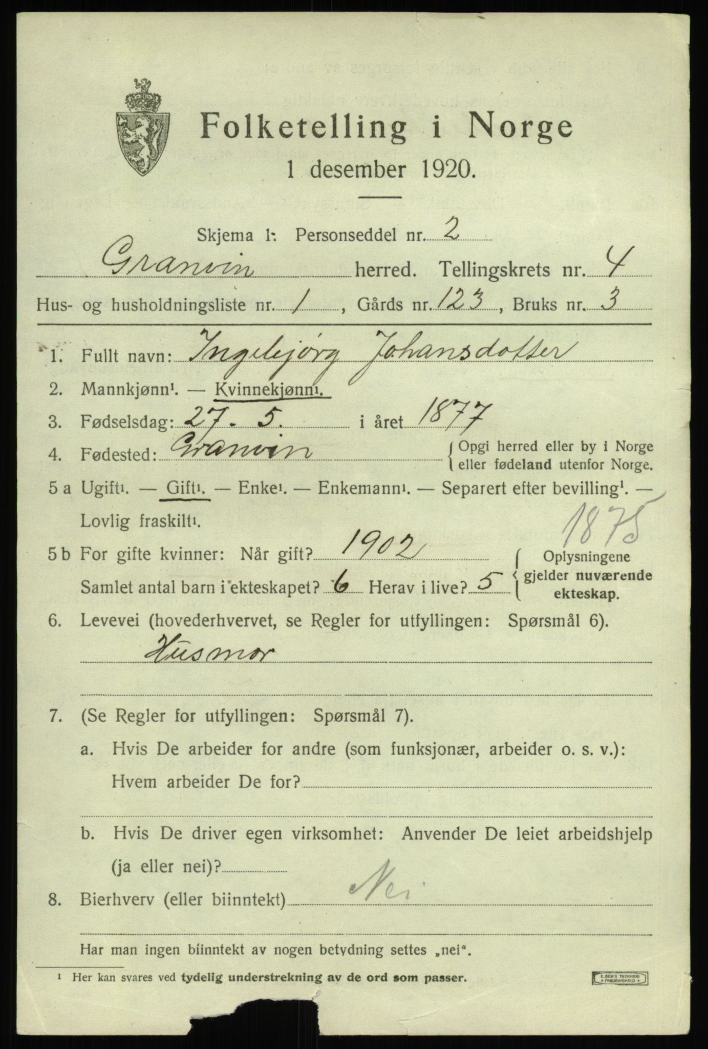 SAB, 1920 census for Granvin, 1920, p. 1544