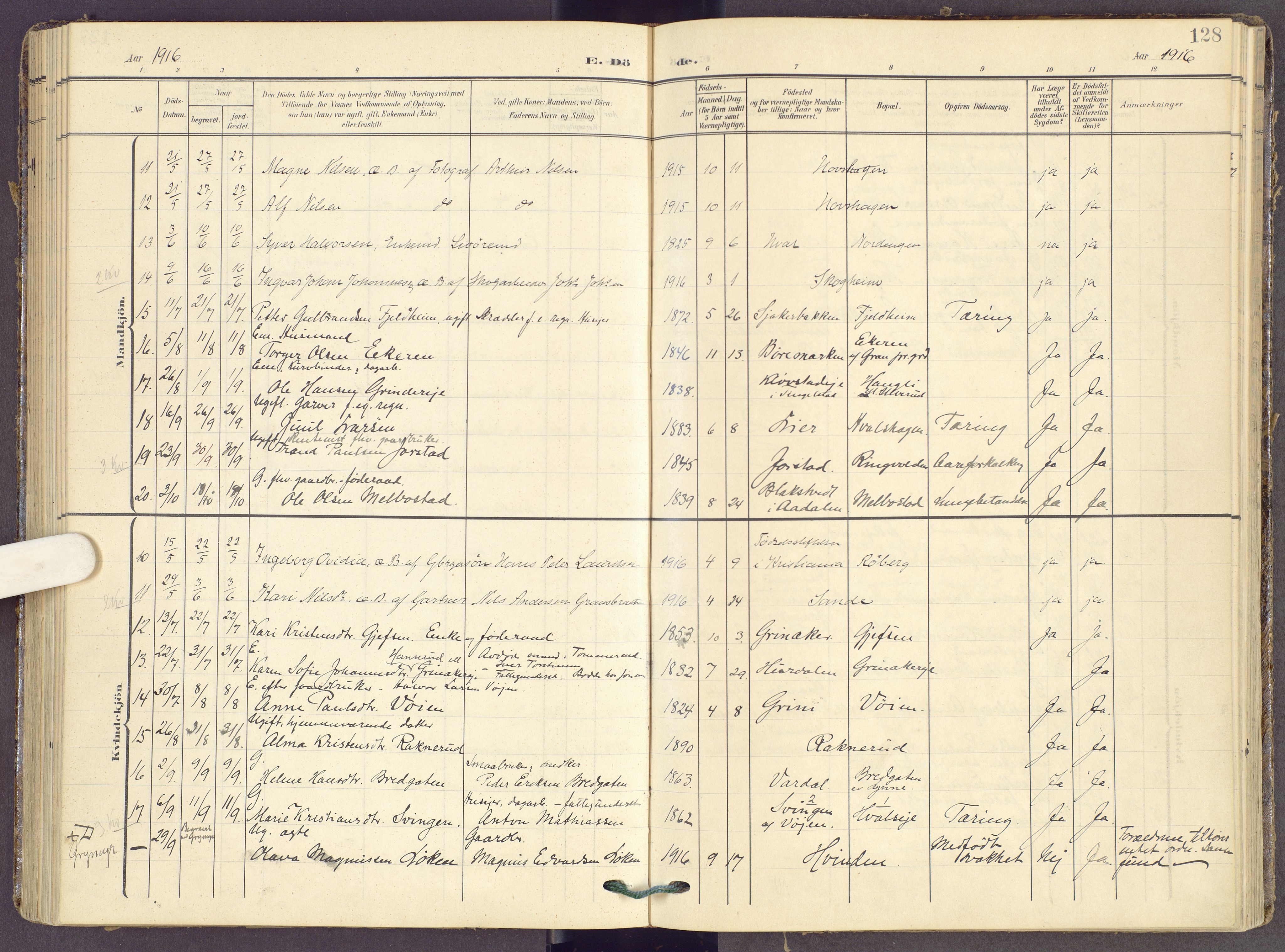 Gran prestekontor, SAH/PREST-112/H/Ha/Haa/L0022: Parish register (official) no. 22, 1908-1918, p. 128