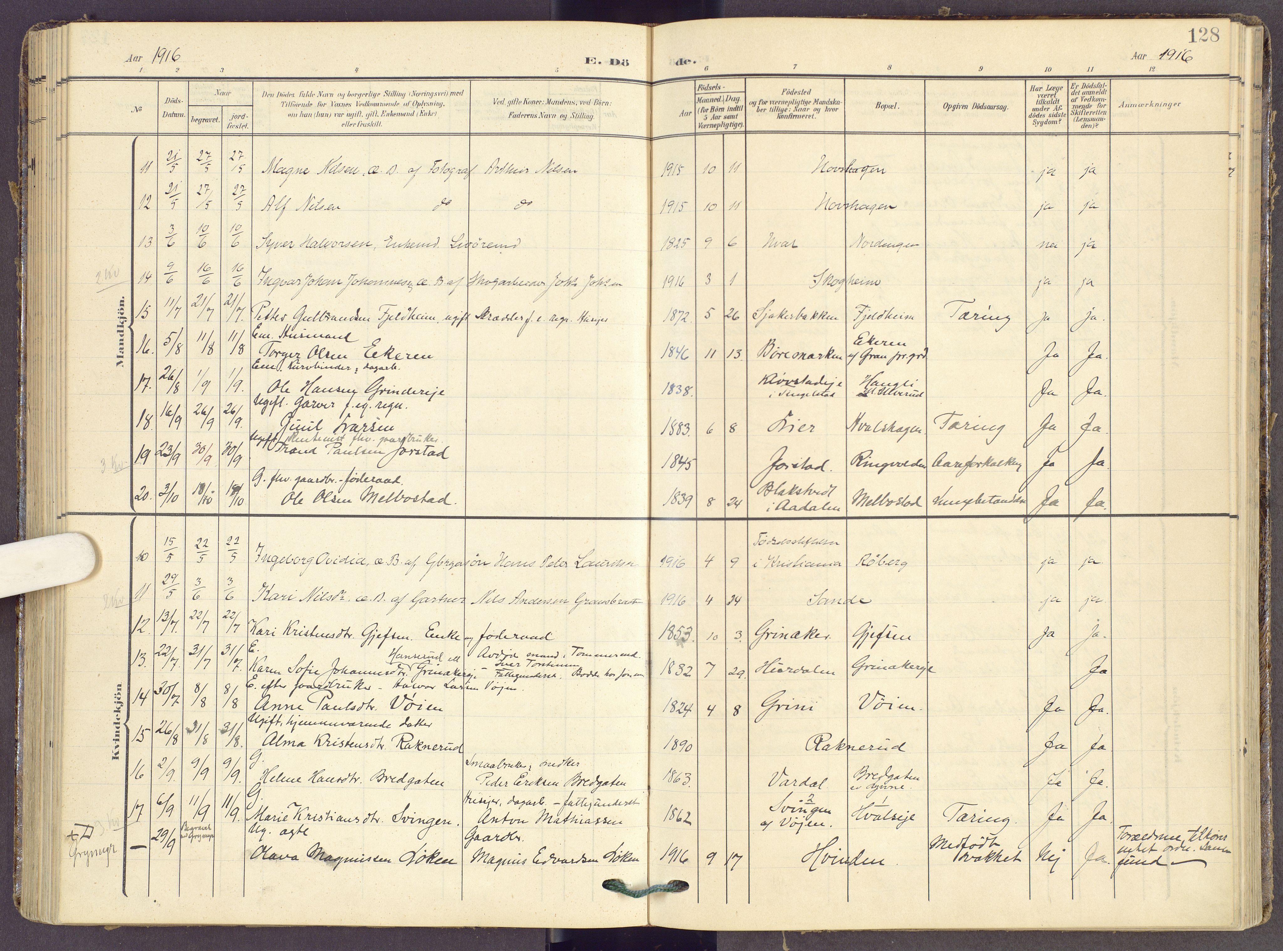 Gran prestekontor, AV/SAH-PREST-112/H/Ha/Haa/L0022: Parish register (official) no. 22, 1908-1918, p. 128