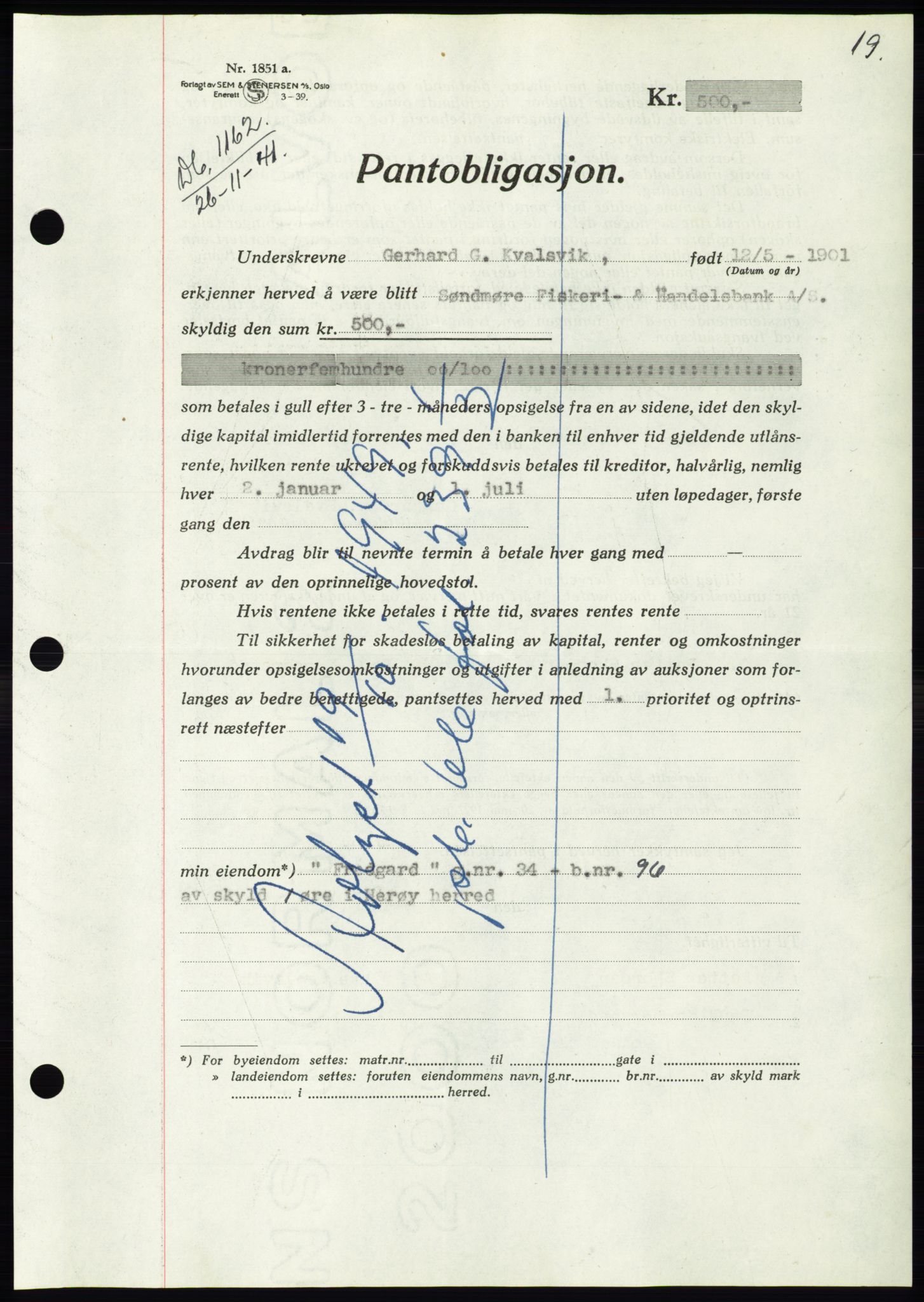 Søre Sunnmøre sorenskriveri, AV/SAT-A-4122/1/2/2C/L0073: Mortgage book no. 67, 1941-1942, Diary no: : 1162/1941