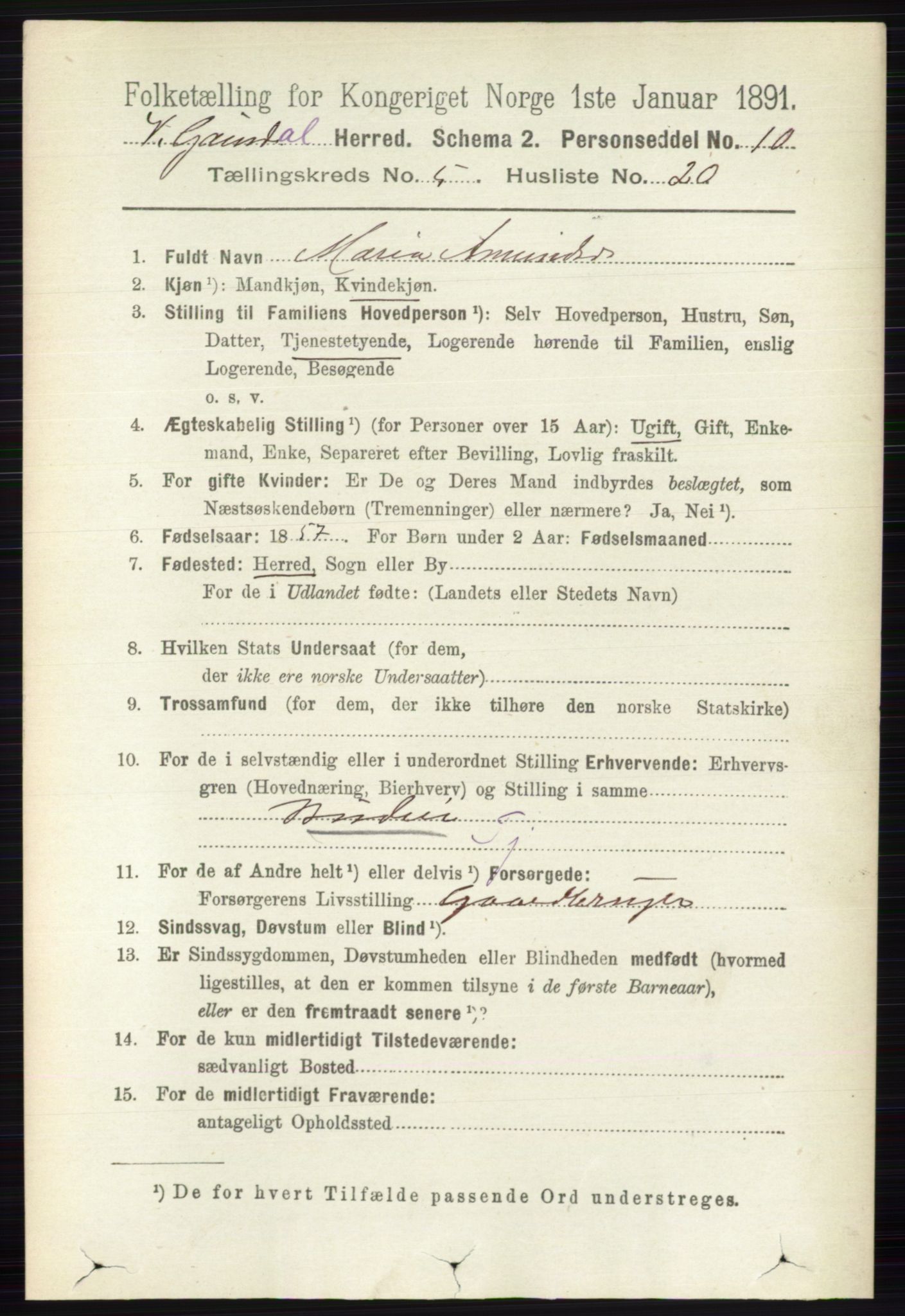 RA, 1891 census for 0523 Vestre Gausdal, 1891, p. 2280
