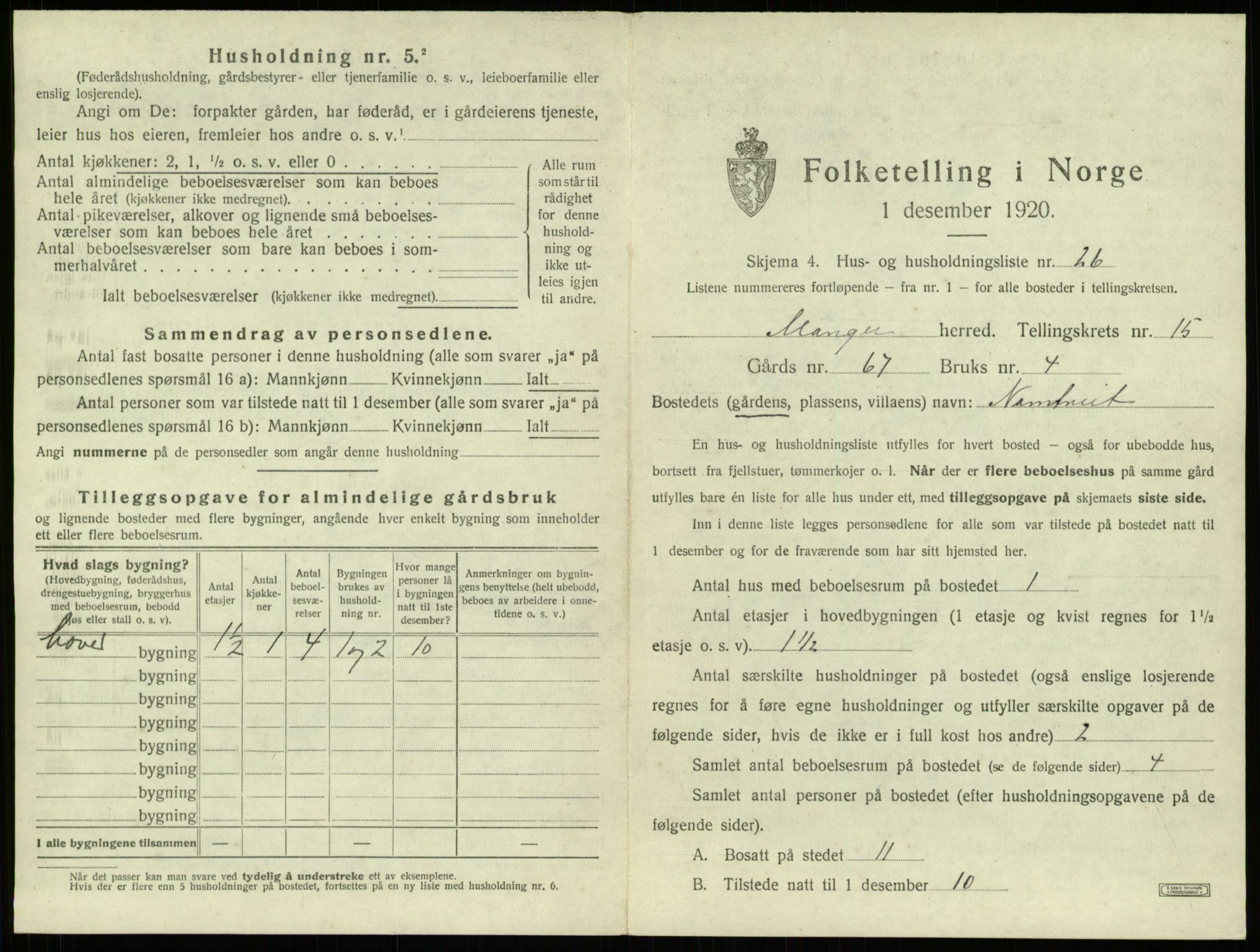 SAB, 1920 census for Manger, 1920, p. 1174