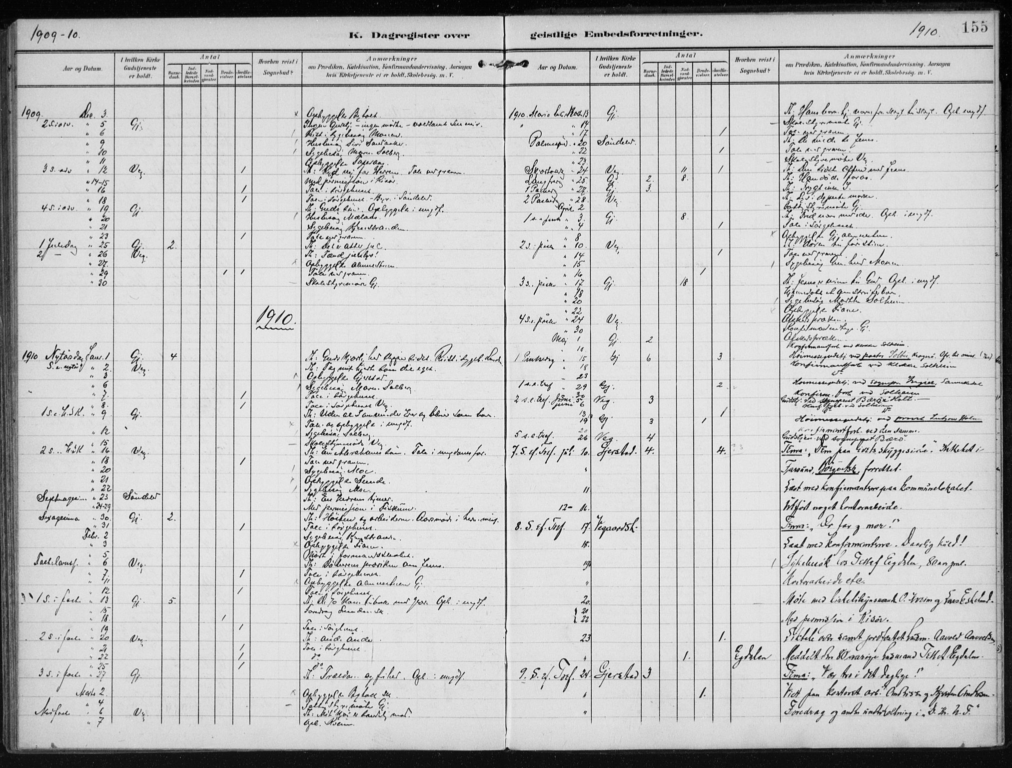 Gjerstad sokneprestkontor, AV/SAK-1111-0014/F/Fa/Faa/L0011: Parish register (official) no. A 11, 1903-1914, p. 155