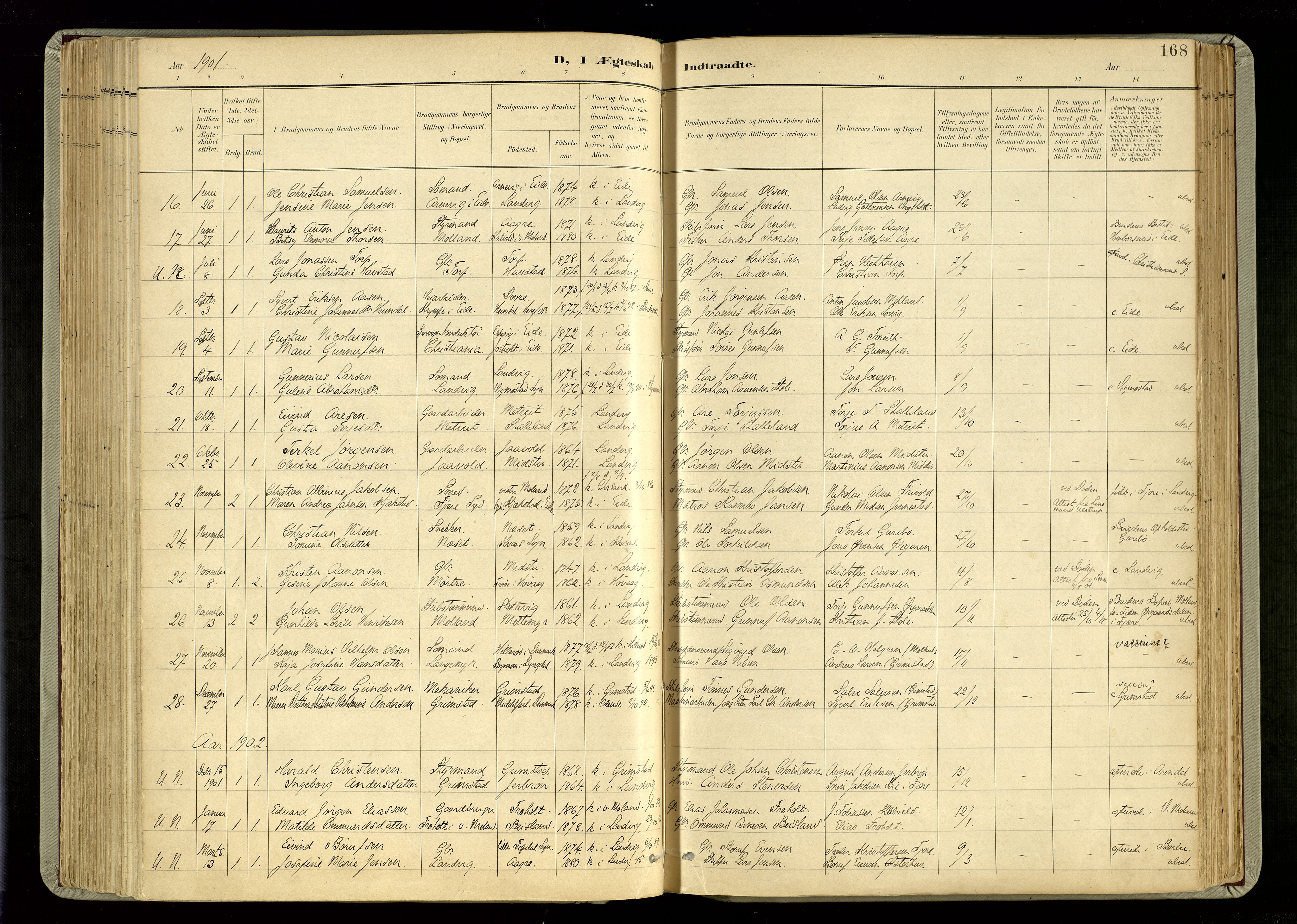 Hommedal sokneprestkontor, AV/SAK-1111-0023/F/Fa/Fab/L0007: Parish register (official) no. A 7, 1898-1924, p. 168