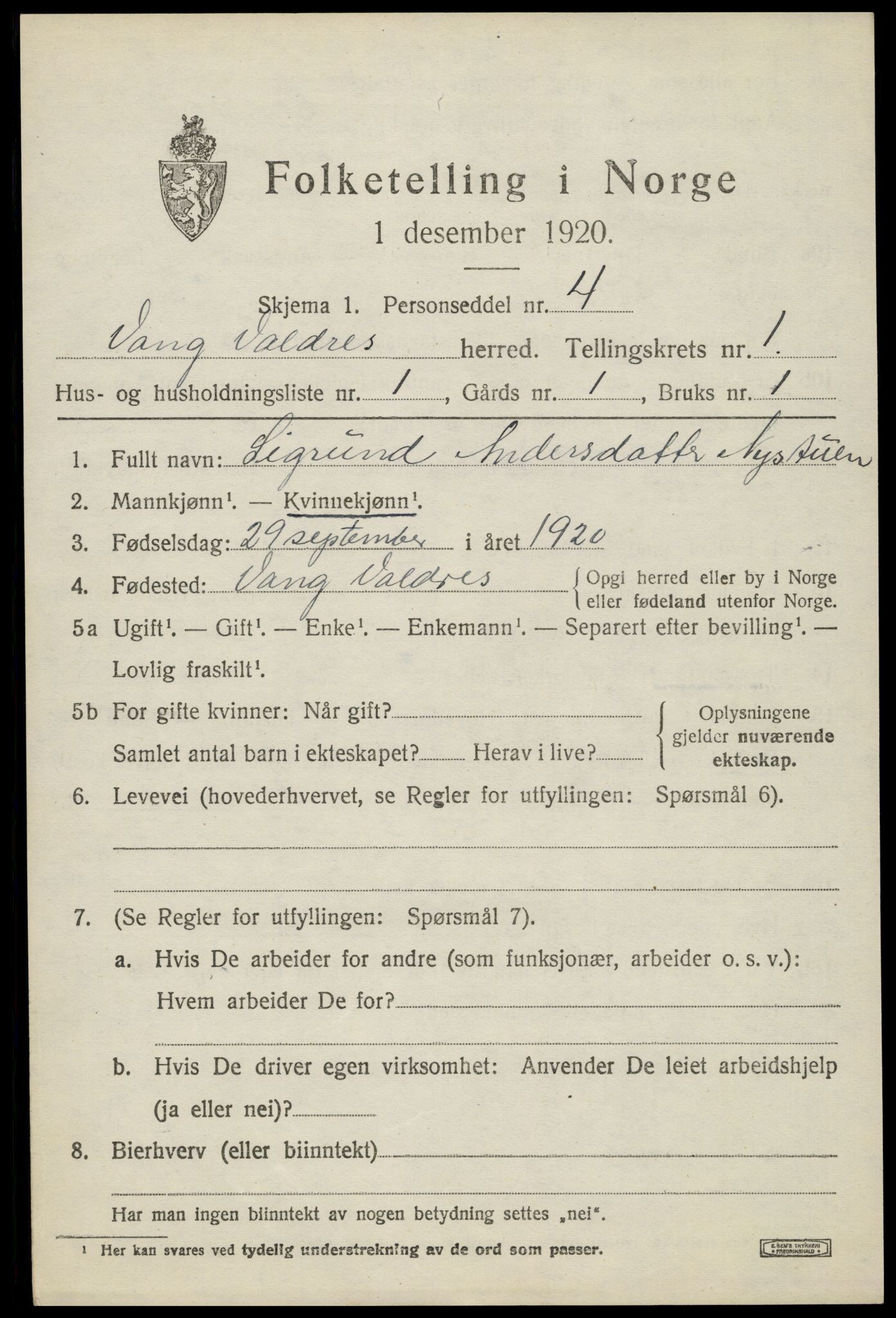 SAH, 1920 census for Vang (Oppland), 1920, p. 675