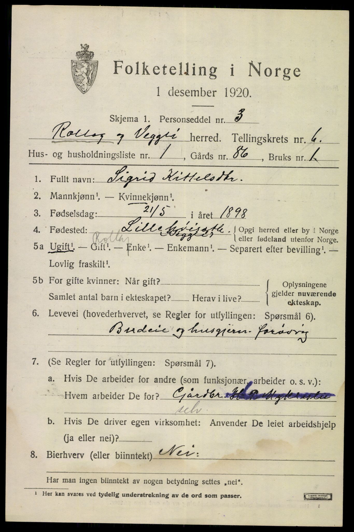 SAKO, 1920 census for Rollag, 1920, p. 2270