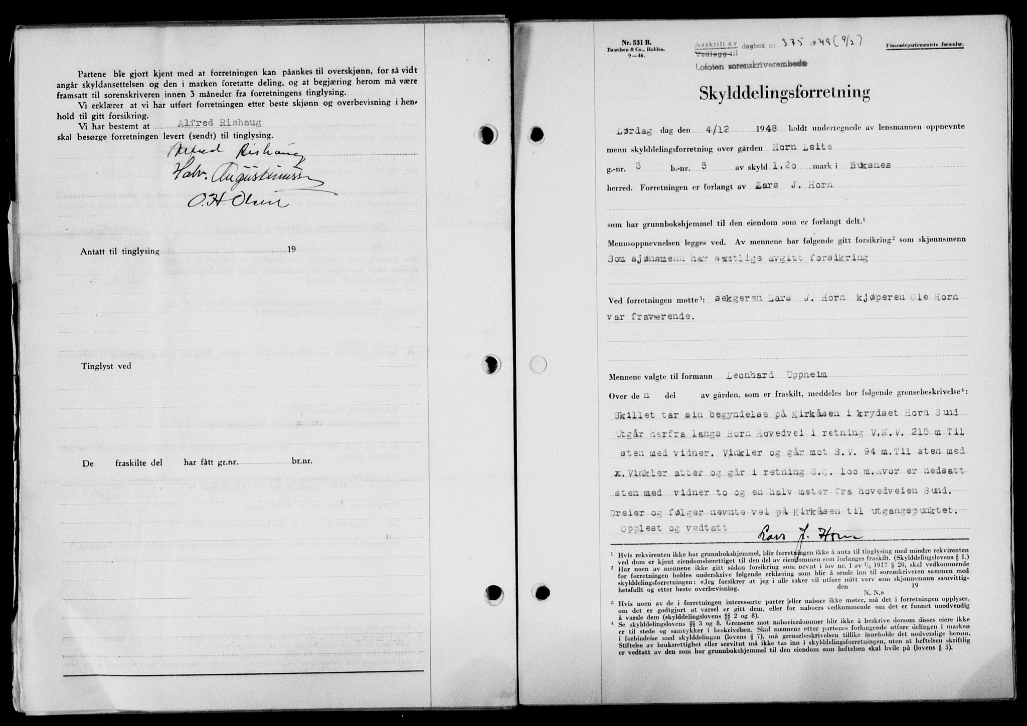 Lofoten sorenskriveri, SAT/A-0017/1/2/2C/L0020a: Mortgage book no. 20a, 1948-1949, Diary no: : 375/1949