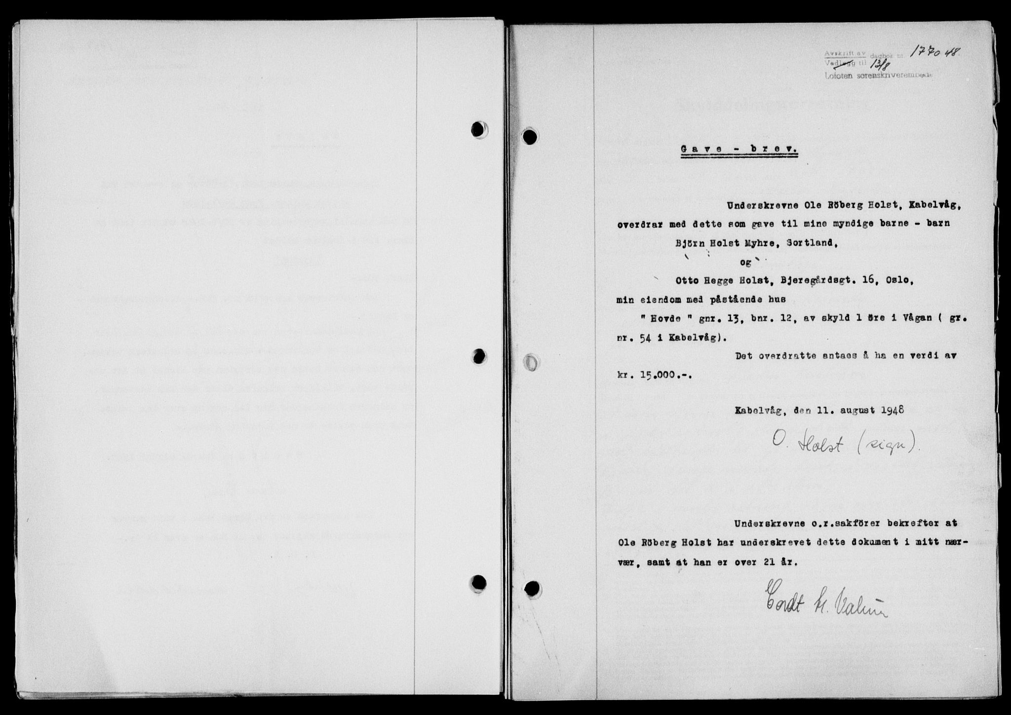 Lofoten sorenskriveri, SAT/A-0017/1/2/2C/L0019a: Mortgage book no. 19a, 1948-1948, Diary no: : 1770/1948