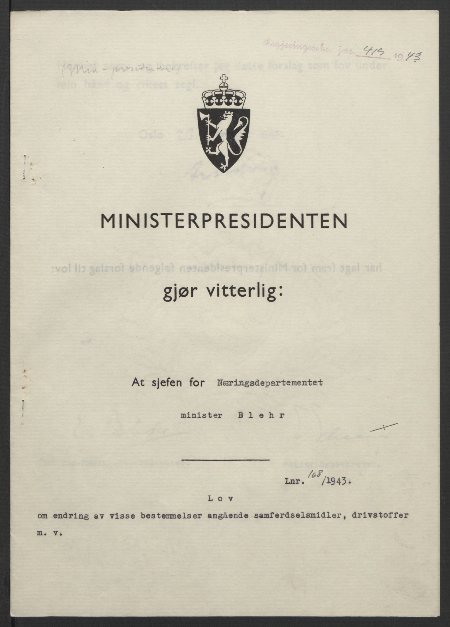 NS-administrasjonen 1940-1945 (Statsrådsekretariatet, de kommisariske statsråder mm), RA/S-4279/D/Db/L0099: Lover, 1943, p. 791