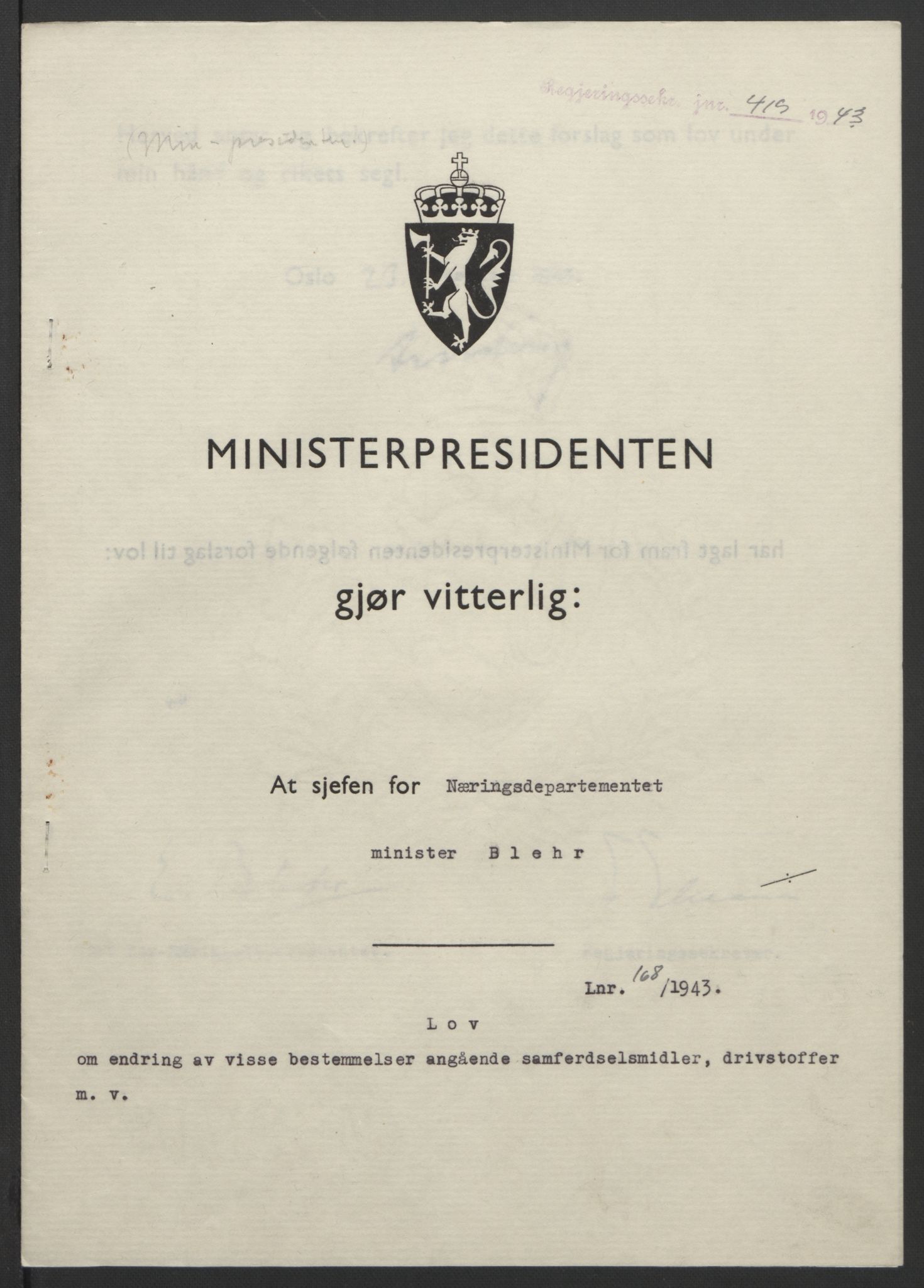 NS-administrasjonen 1940-1945 (Statsrådsekretariatet, de kommisariske statsråder mm), AV/RA-S-4279/D/Db/L0099: Lover, 1943, p. 791