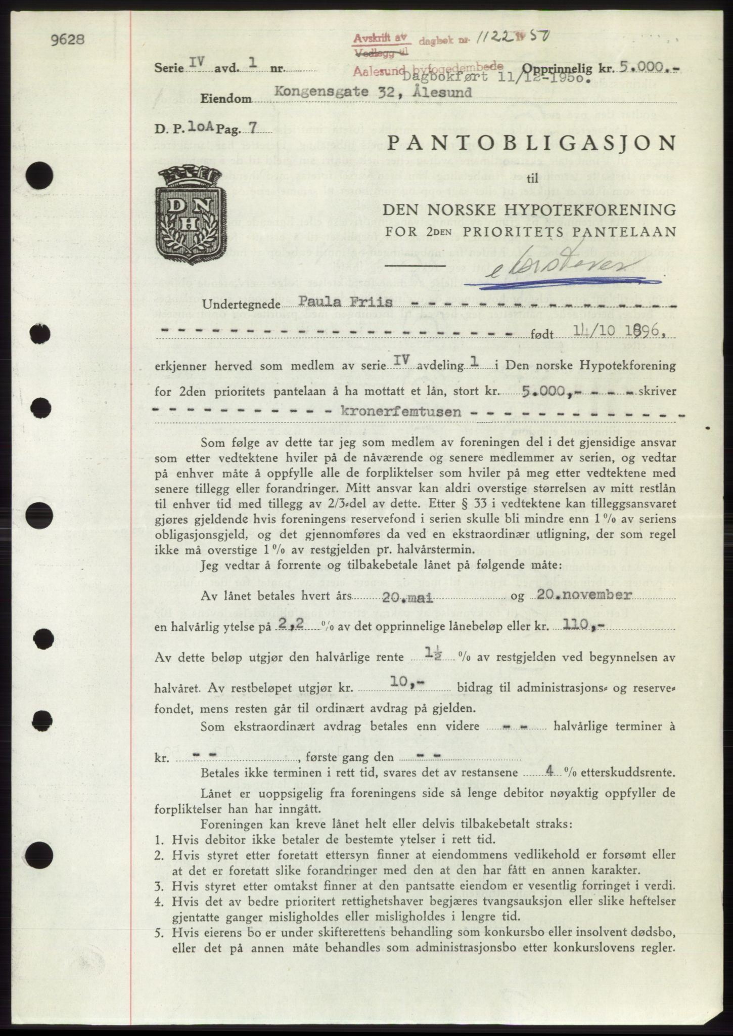 Ålesund byfogd, AV/SAT-A-4384: Mortgage book no. B36-38, 1948-1950, Diary no: : 1122/1950