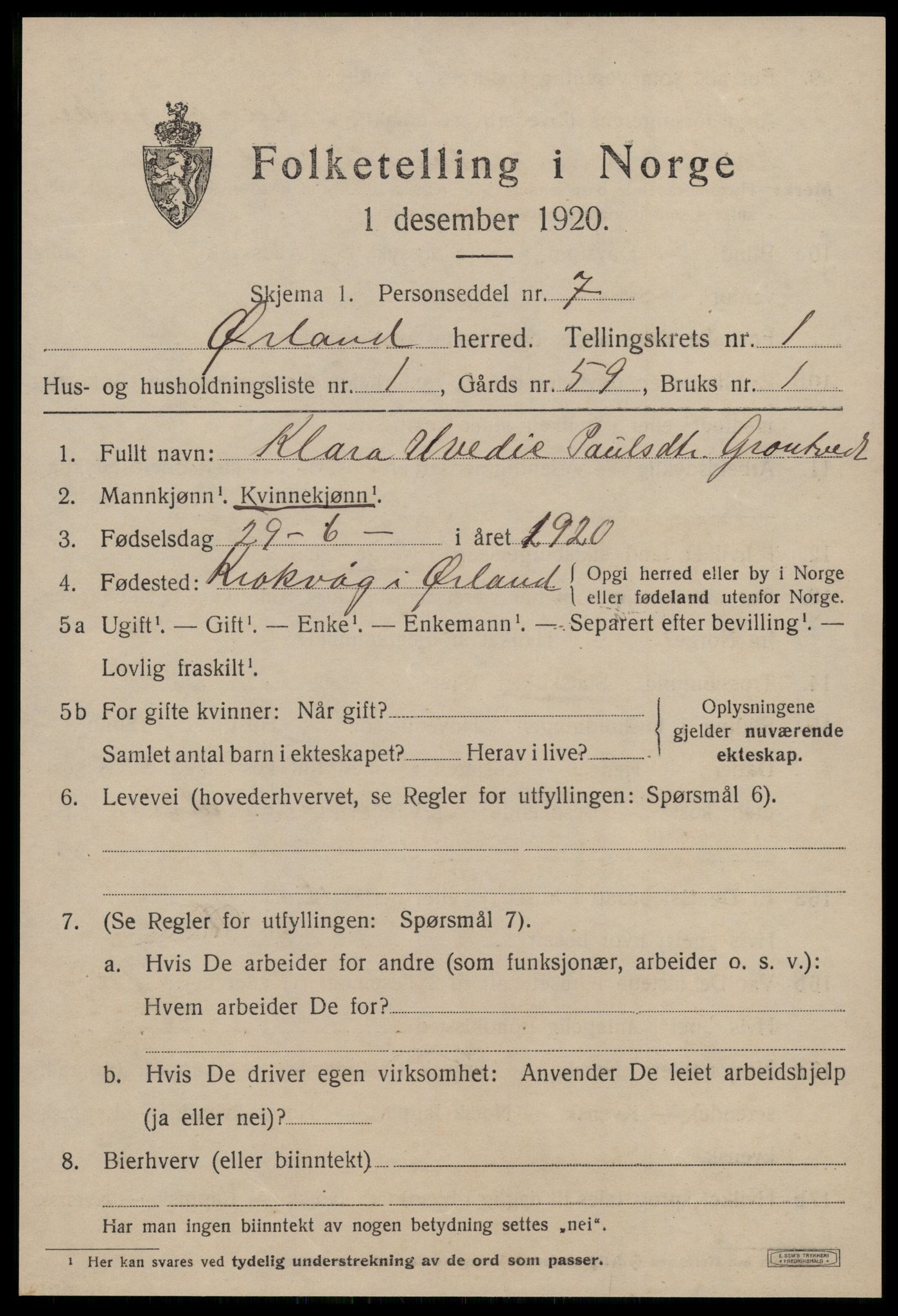 SAT, 1920 census for Ørland, 1920, p. 1355