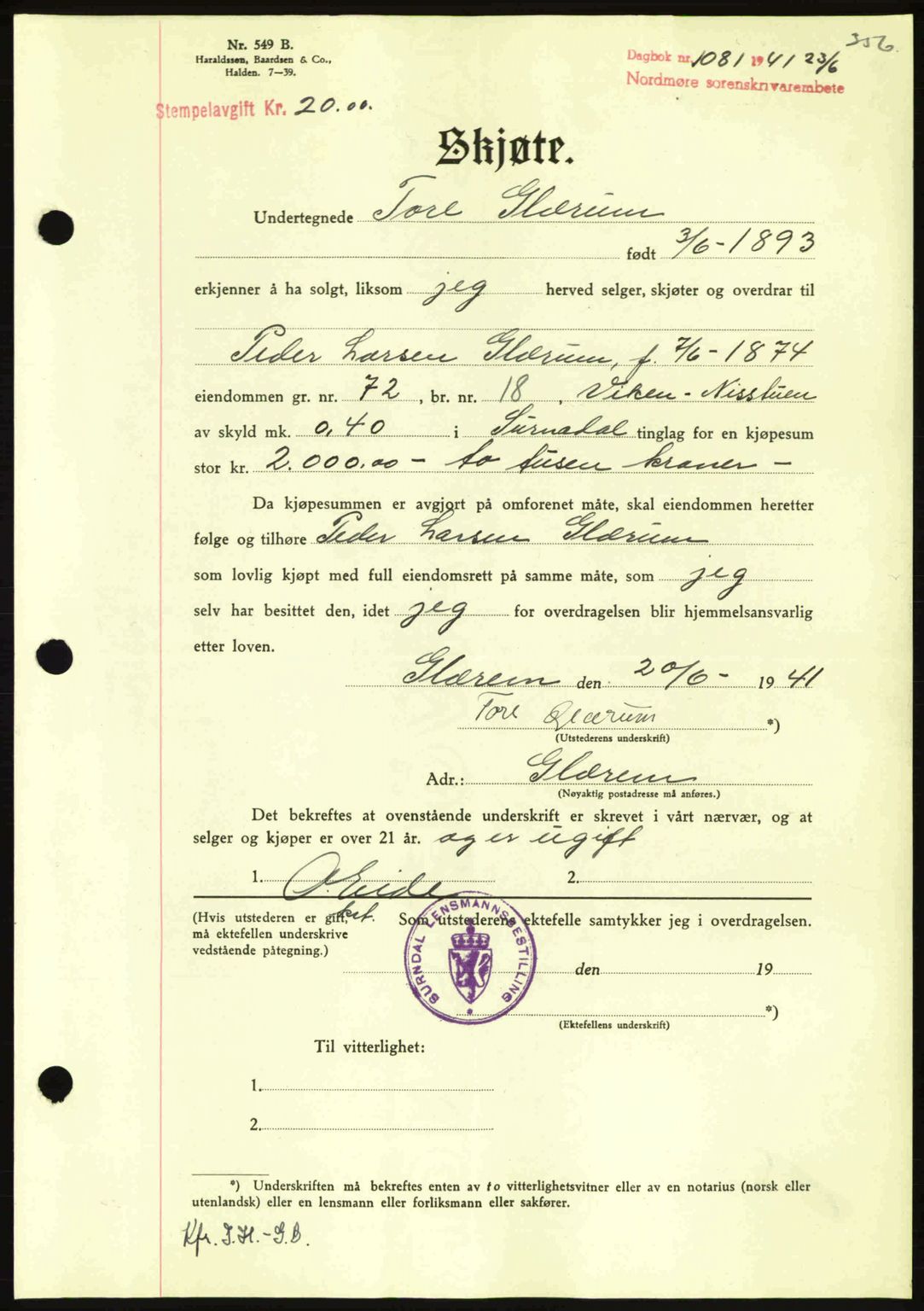 Nordmøre sorenskriveri, SAT/A-4132/1/2/2Ca: Mortgage book no. A90, 1941-1941, Diary no: : 1081/1941