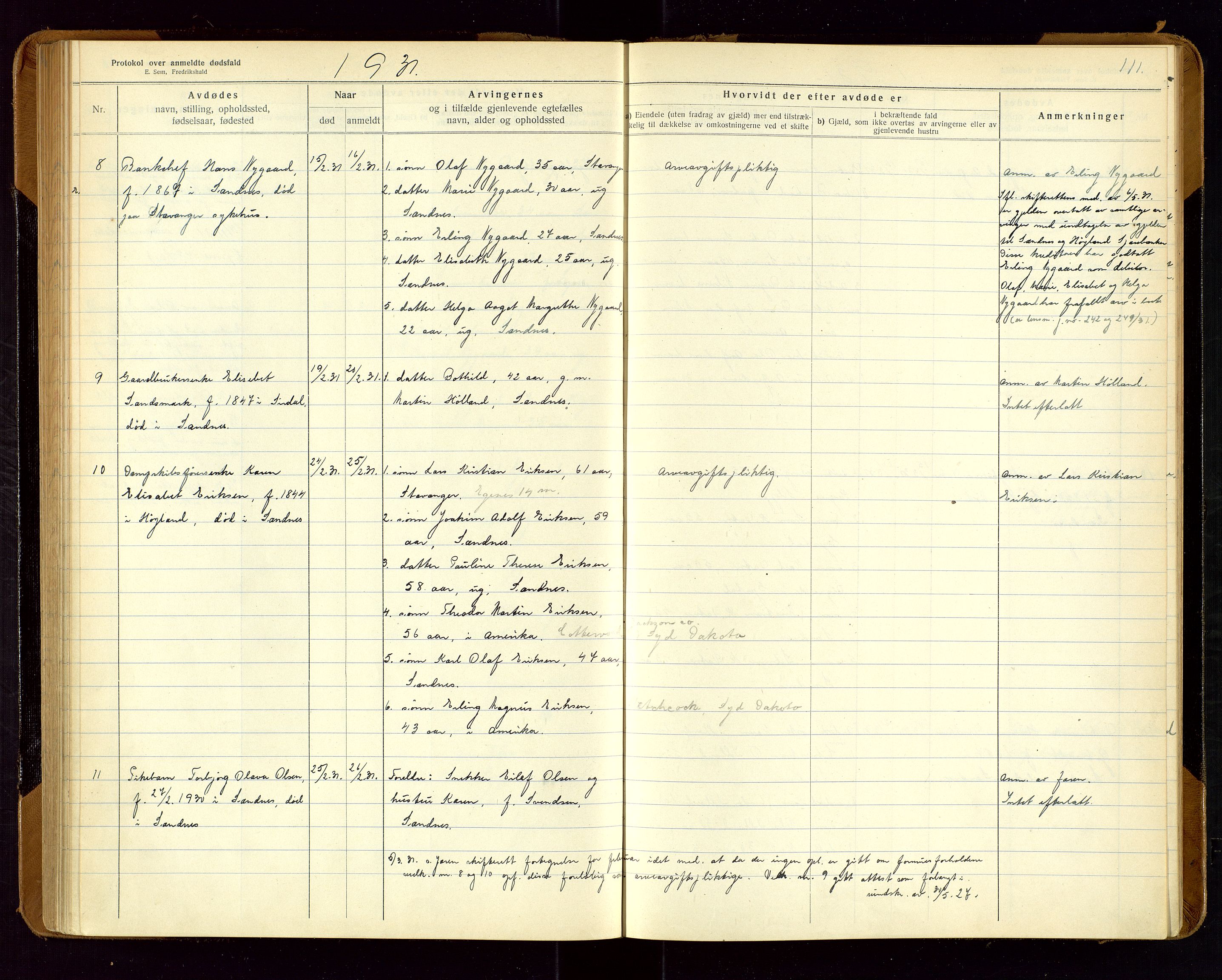 Sandnes lensmannskontor, SAST/A-100167/Gga/L0001: "Protokol over anmeldte dødsfald" m/register, 1918-1940, p. 111