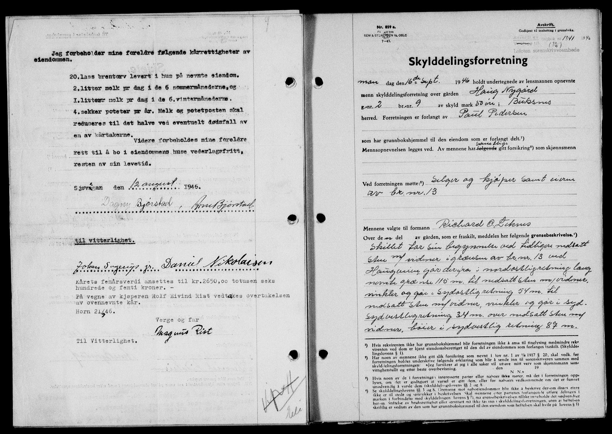 Lofoten sorenskriveri, SAT/A-0017/1/2/2C/L0014a: Mortgage book no. 14a, 1946-1946, Diary no: : 1341/1946