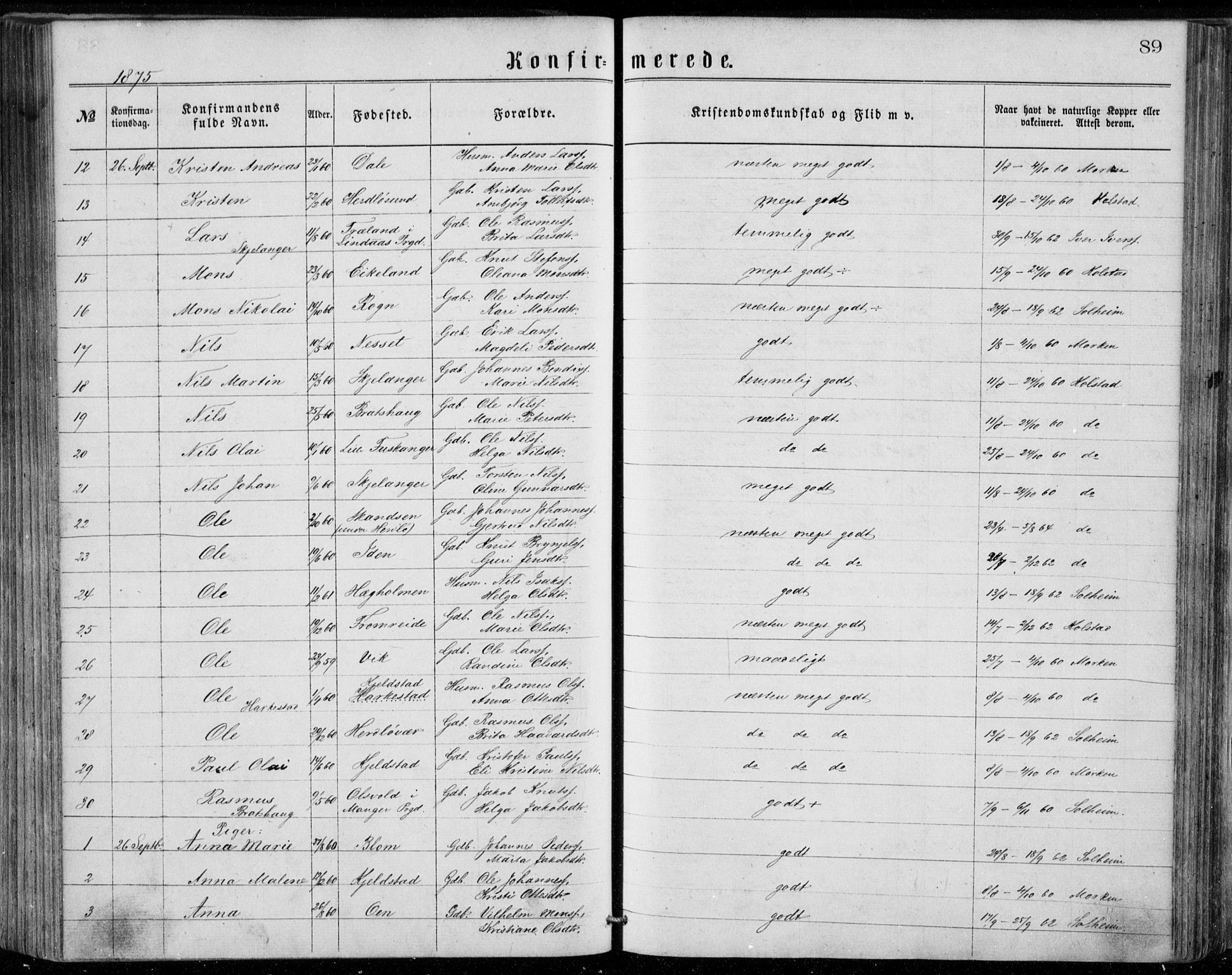 Herdla Sokneprestembete, AV/SAB-A-75701/H/Haa: Parish register (official) no. A 2, 1869-1877, p. 89