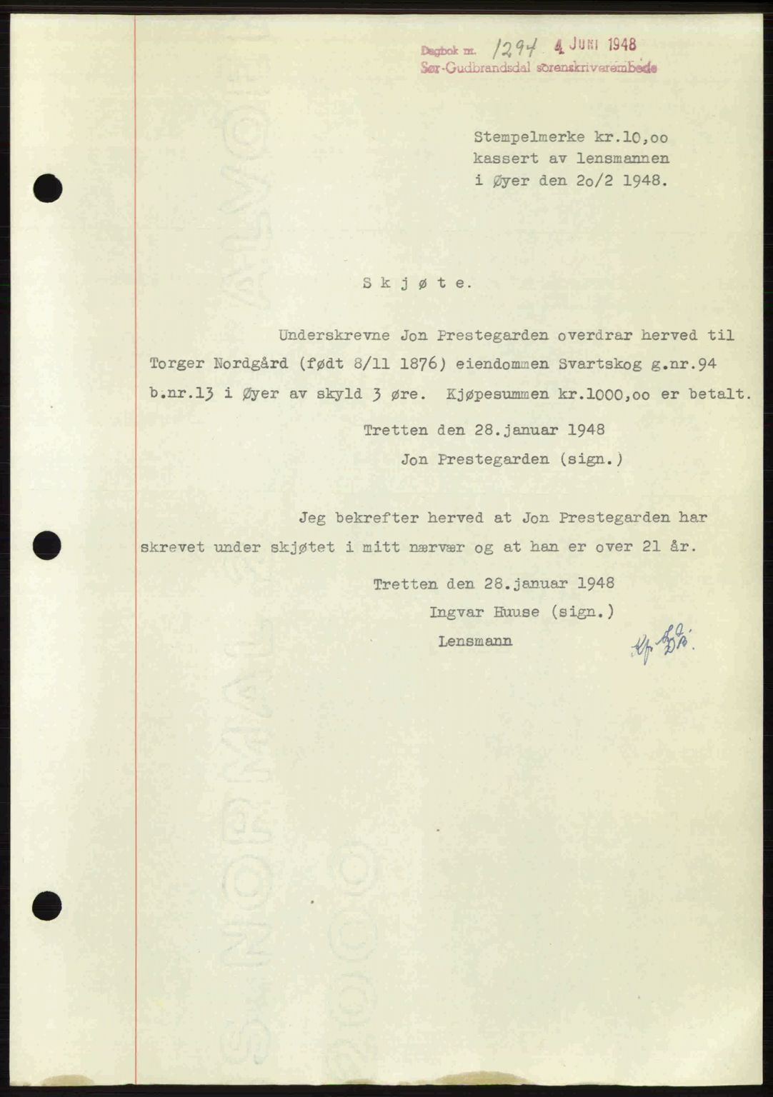 Sør-Gudbrandsdal tingrett, SAH/TING-004/H/Hb/Hbd/L0022: Mortgage book no. A22, 1948-1948, Diary no: : 1294/1948