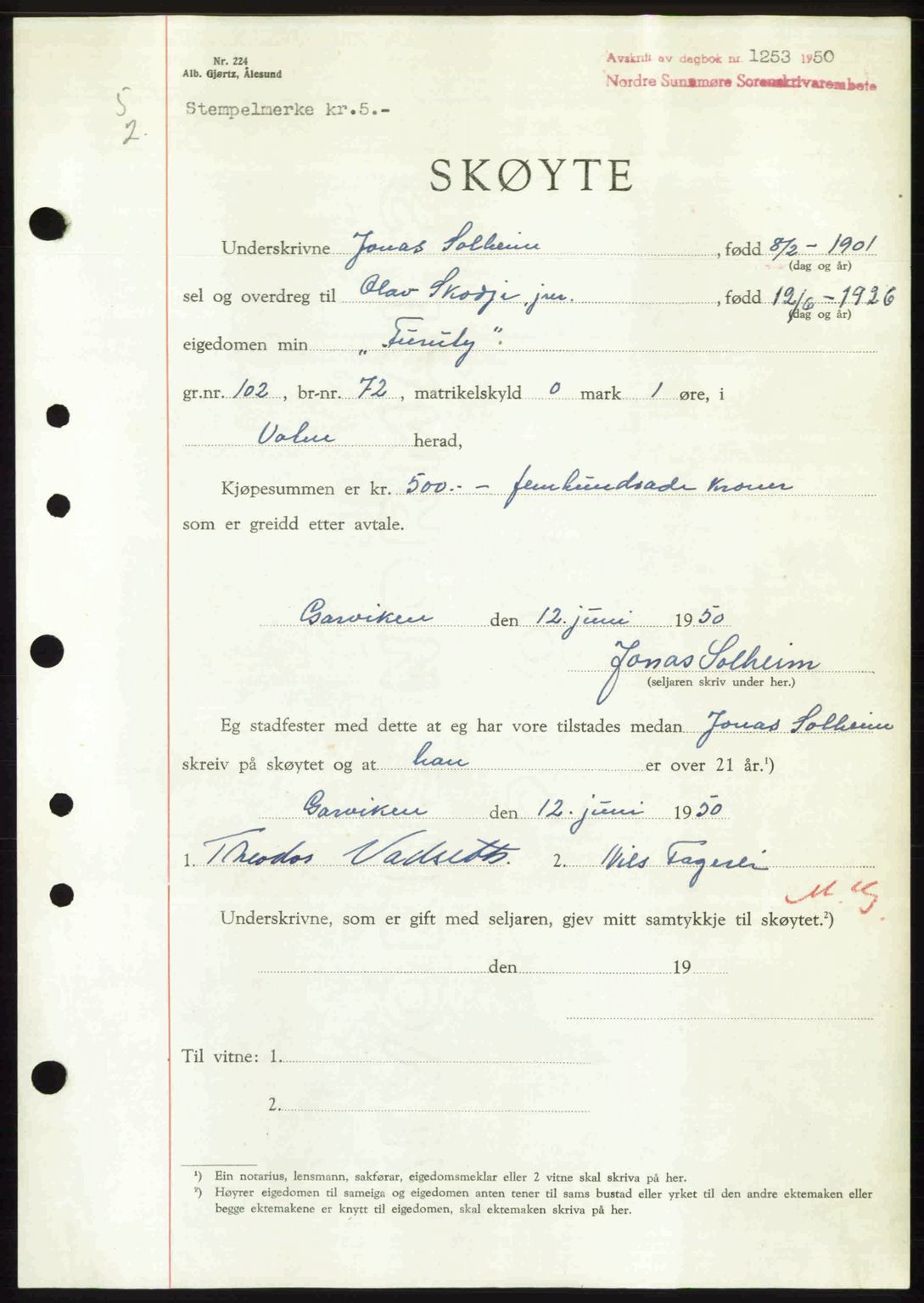 Nordre Sunnmøre sorenskriveri, AV/SAT-A-0006/1/2/2C/2Ca: Mortgage book no. A34, 1950-1950, Diary no: : 1253/1950