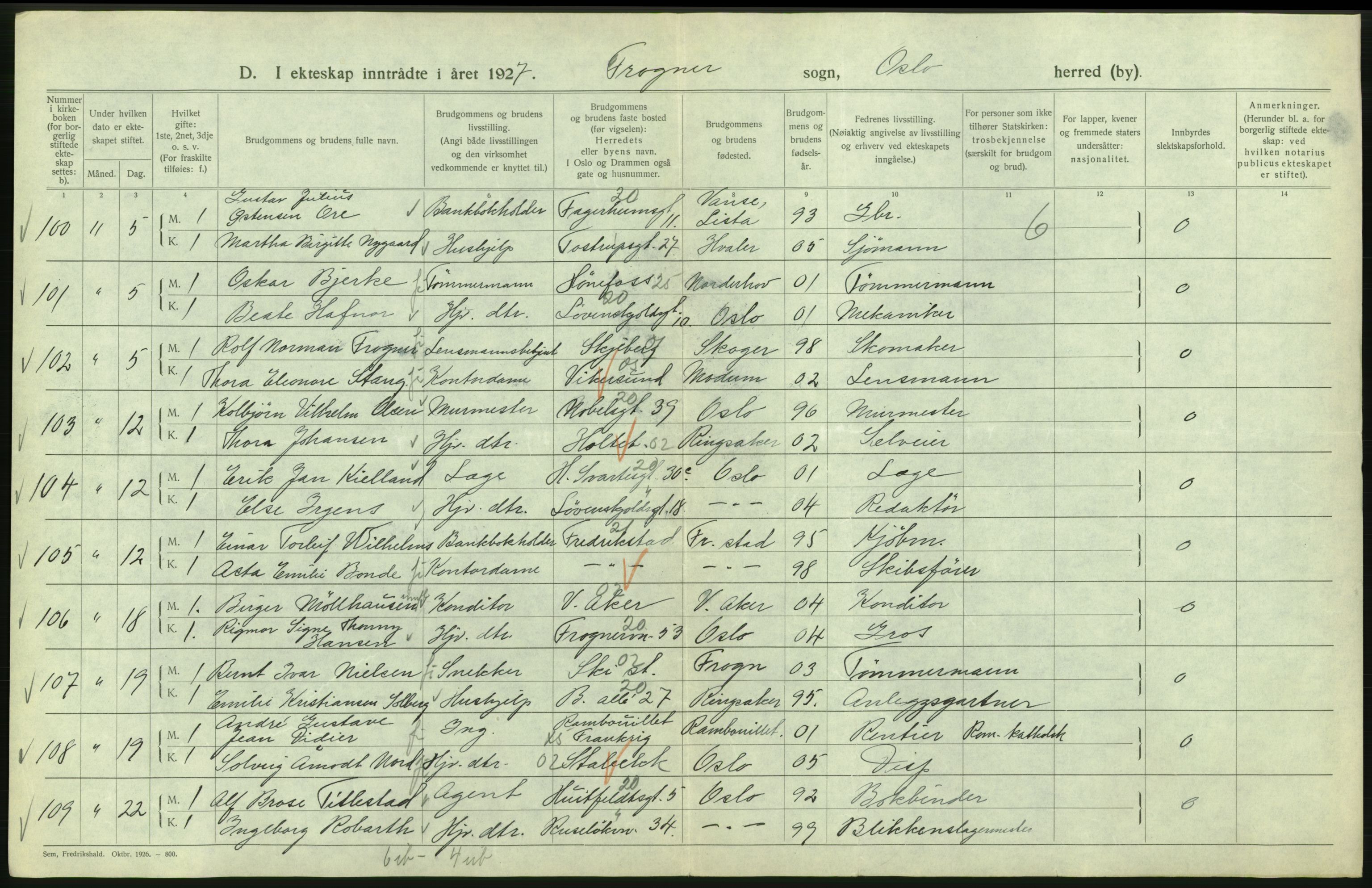 Statistisk sentralbyrå, Sosiodemografiske emner, Befolkning, AV/RA-S-2228/D/Df/Dfc/Dfcg/L0008: Oslo: Gifte, 1927, p. 194