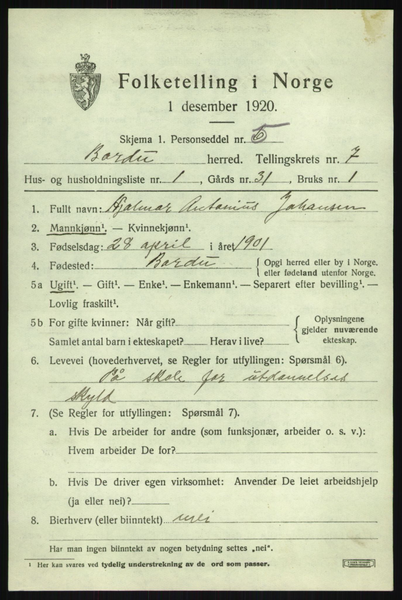 SATØ, 1920 census for Bardu, 1920, p. 2733