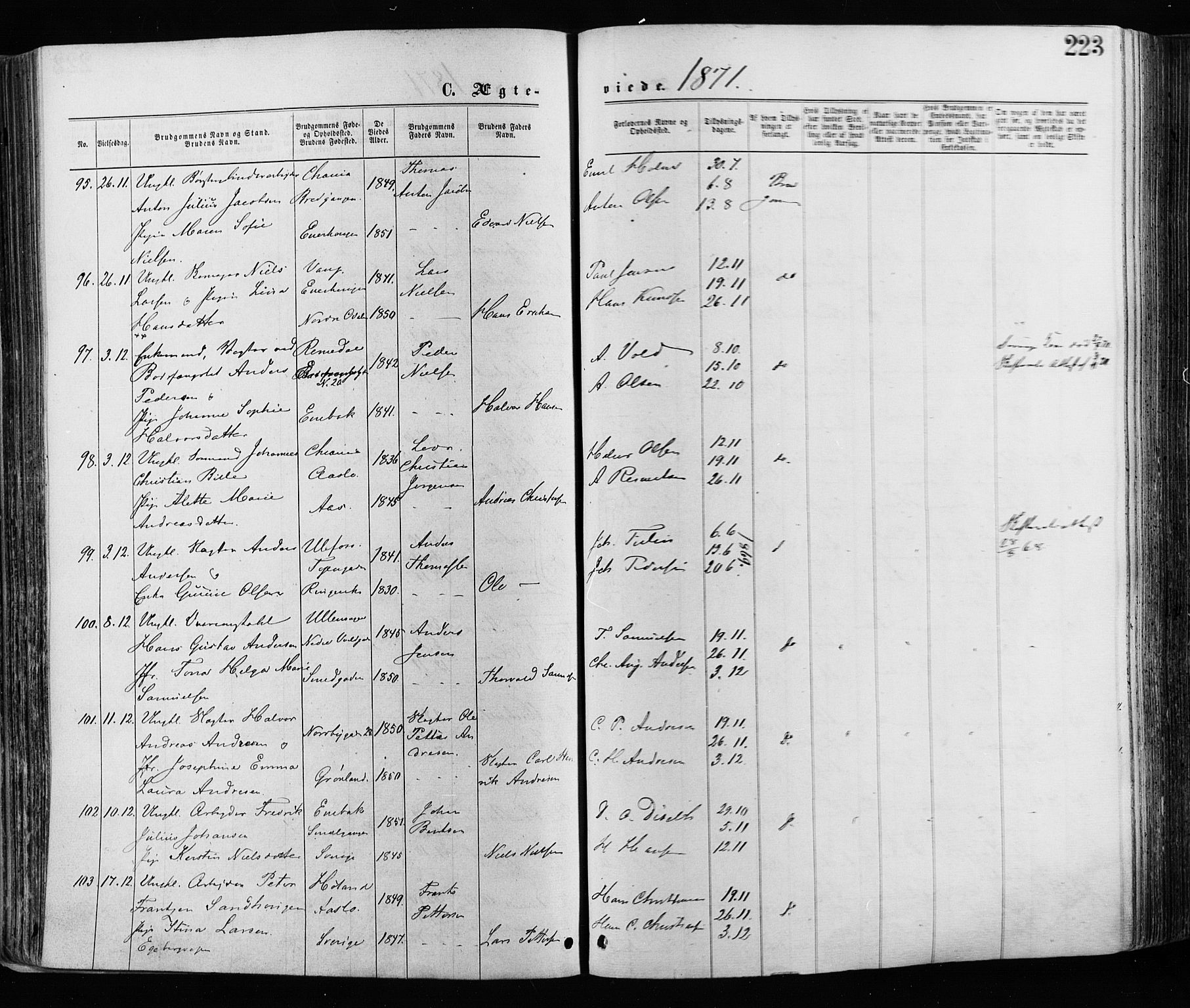 Grønland prestekontor Kirkebøker, AV/SAO-A-10848/F/Fa/L0005: Parish register (official) no. 5, 1869-1880, p. 223