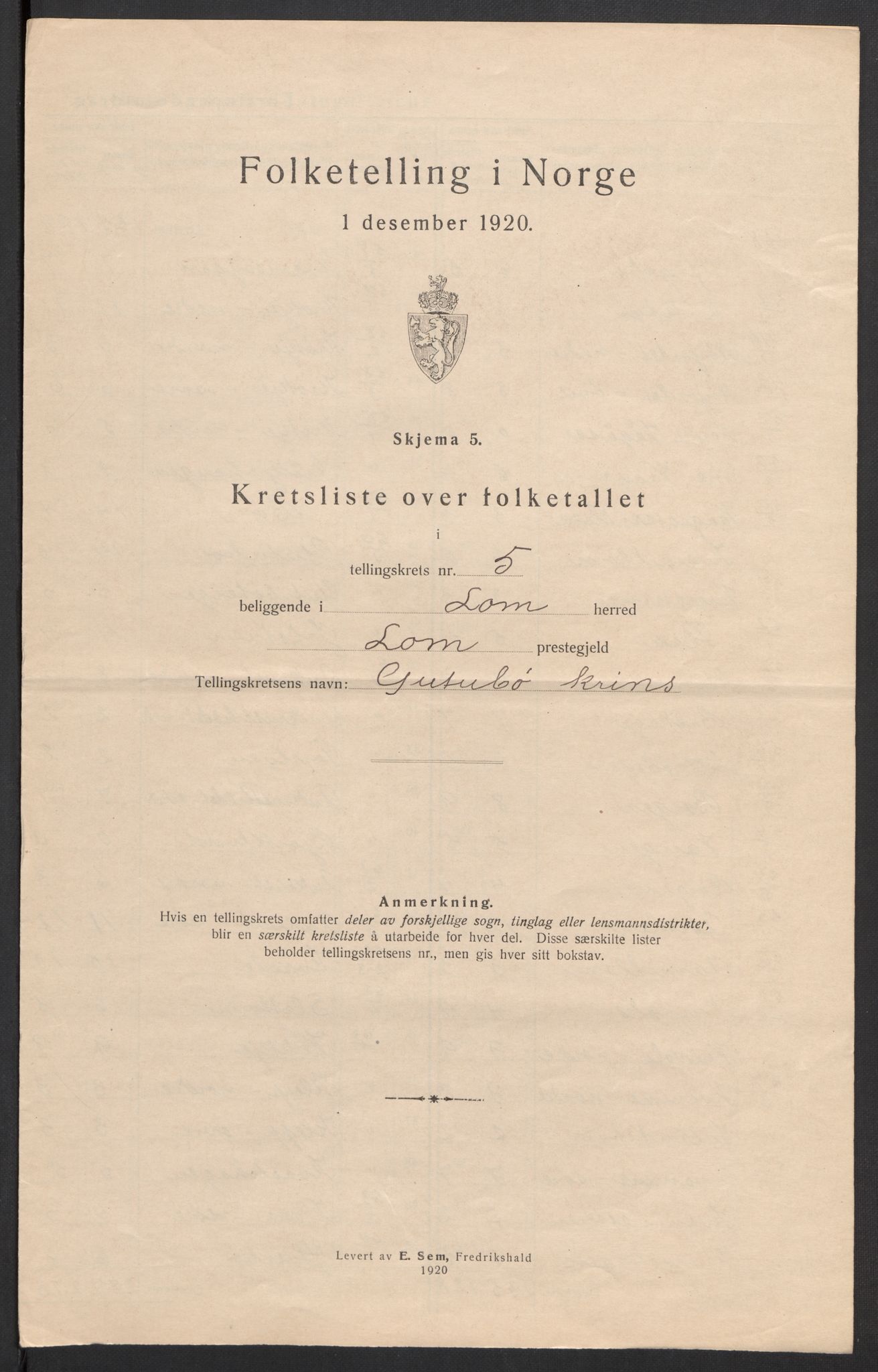 SAH, 1920 census for Lom, 1920, p. 20