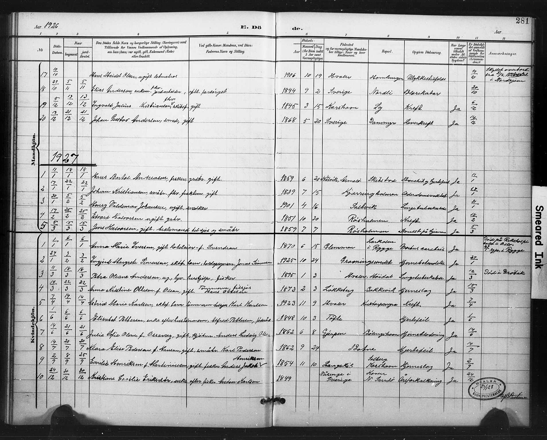 Hvaler prestekontor Kirkebøker, AV/SAO-A-2001/G/Ga/L0001: Parish register (copy) no. I 1, 1901-1930, p. 281