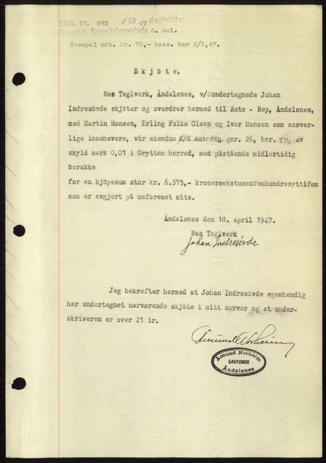 Romsdal sorenskriveri, SAT/A-4149/1/2/2C: Mortgage book no. A22, 1947-1947, Diary no: : 972/1947