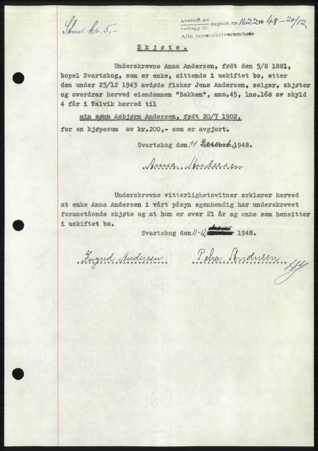 Alta fogderi/sorenskriveri, SATØ/SATØ-5/1/K/Kd/L0037pantebok: Mortgage book no. 39-40, 1948-1949, Diary no: : 1622/1948
