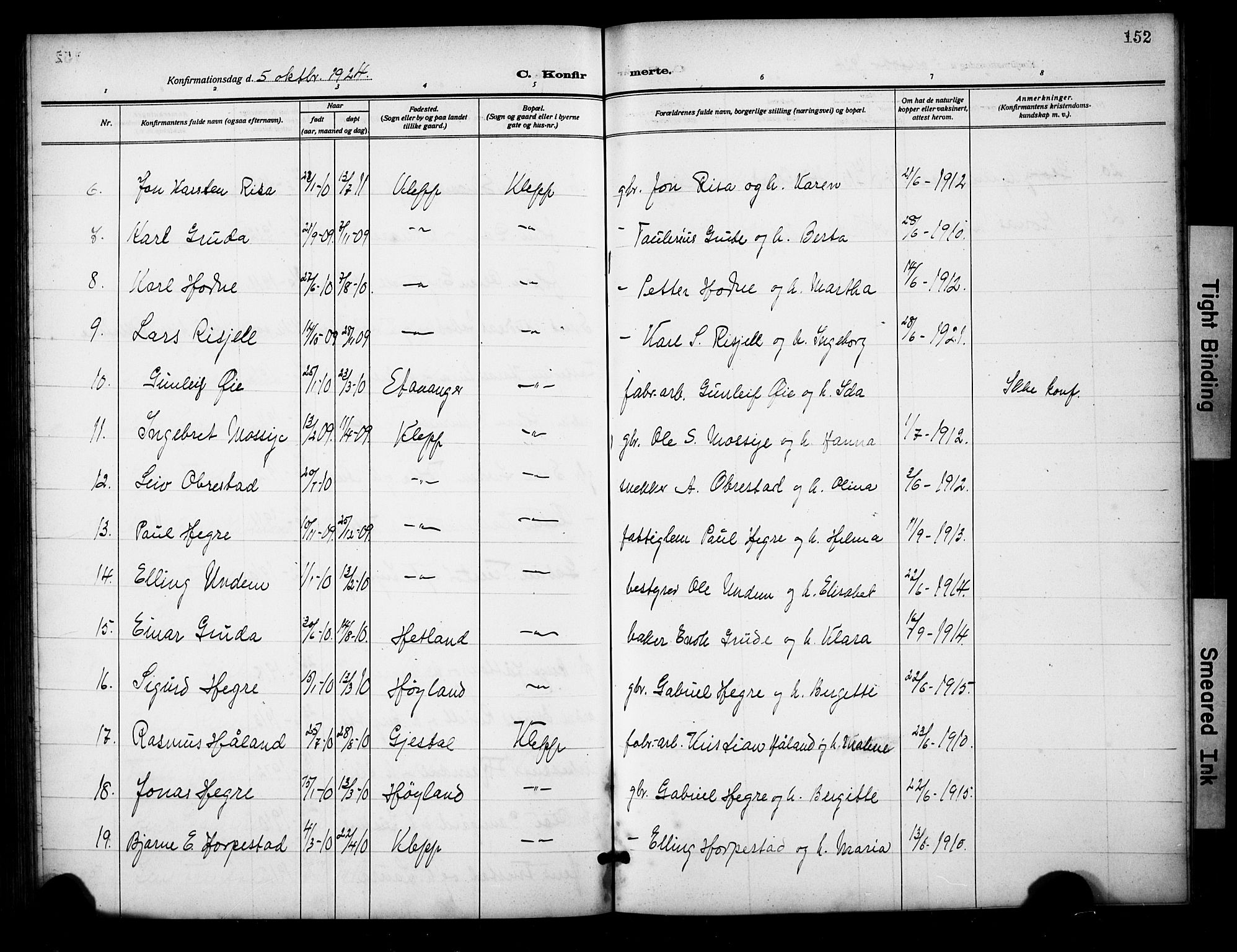 Klepp sokneprestkontor, AV/SAST-A-101803/001/3/30BB/L0007: Parish register (copy) no. B 7, 1908-1934, p. 152