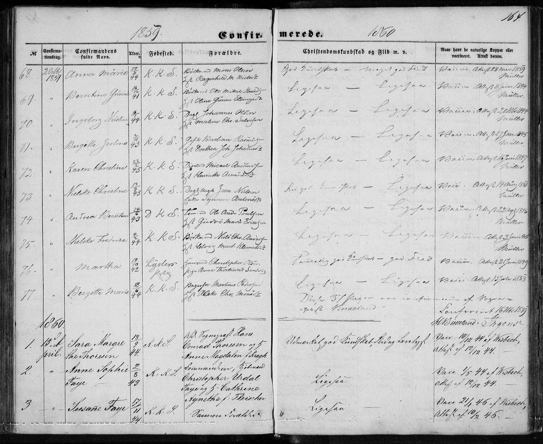 Korskirken sokneprestembete, SAB/A-76101/H/Haa/L0027: Parish register (official) no. C 3, 1854-1868, p. 164