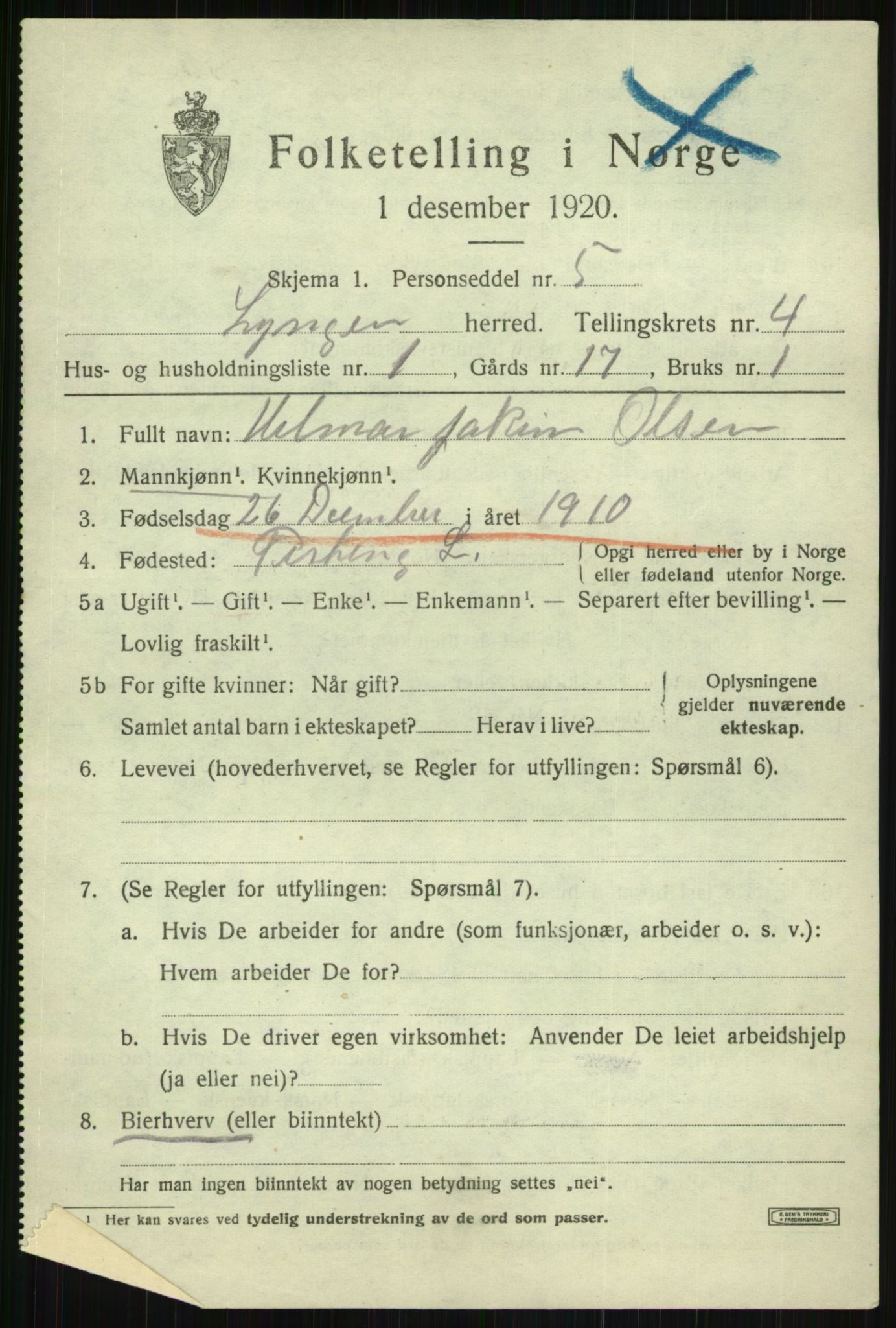SATØ, 1920 census for Lyngen, 1920, p. 4031