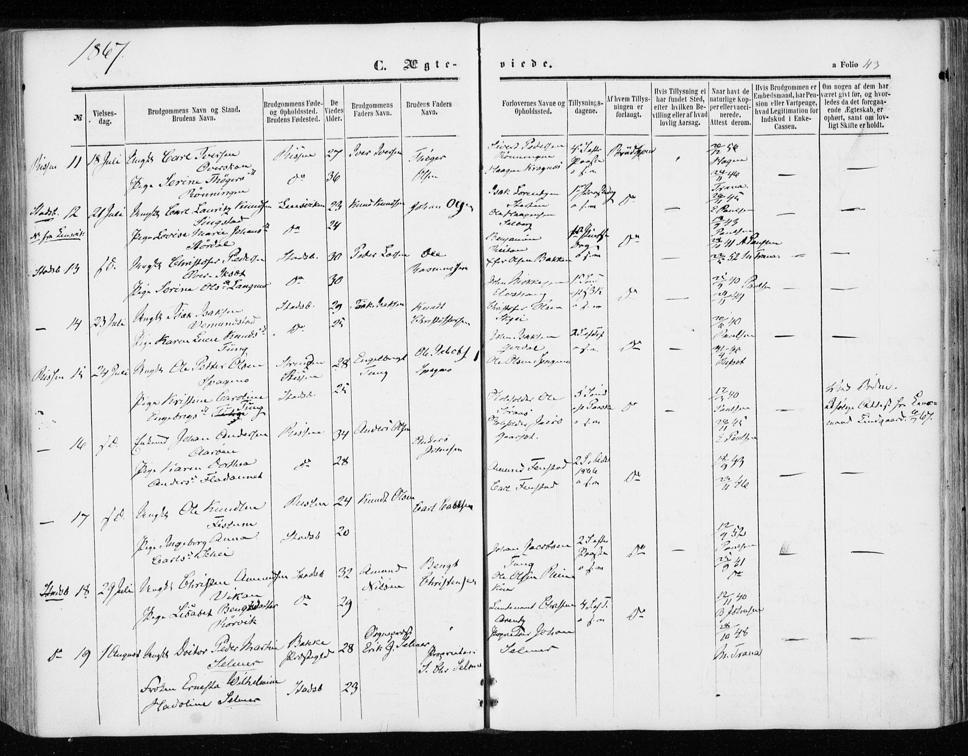 Ministerialprotokoller, klokkerbøker og fødselsregistre - Sør-Trøndelag, AV/SAT-A-1456/646/L0612: Parish register (official) no. 646A10, 1858-1869, p. 43