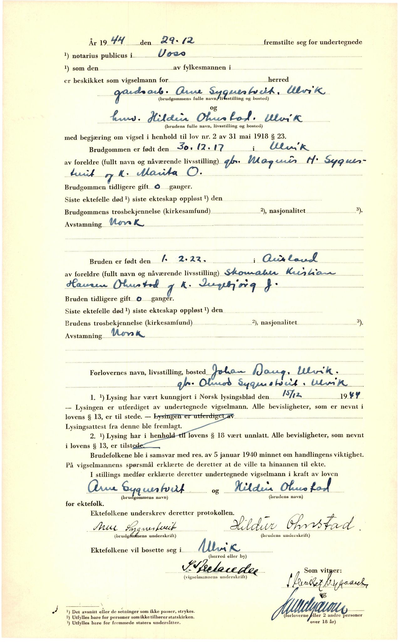 Voss sorenskrivar, SAB/A-2701/M/Maa/L0002: Vigselbok, 1943-1945, p. 85b