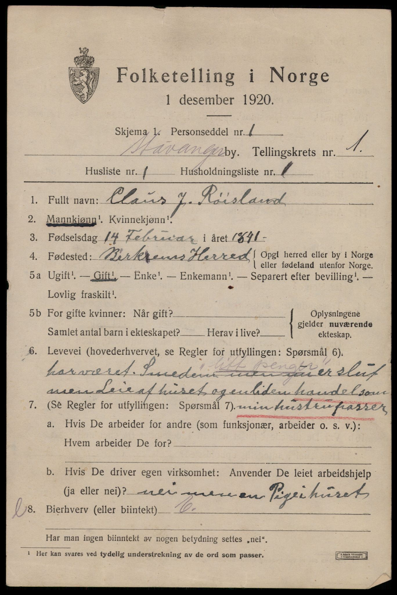 SAST, 1920 census for Stavanger, 1920, p. 33194