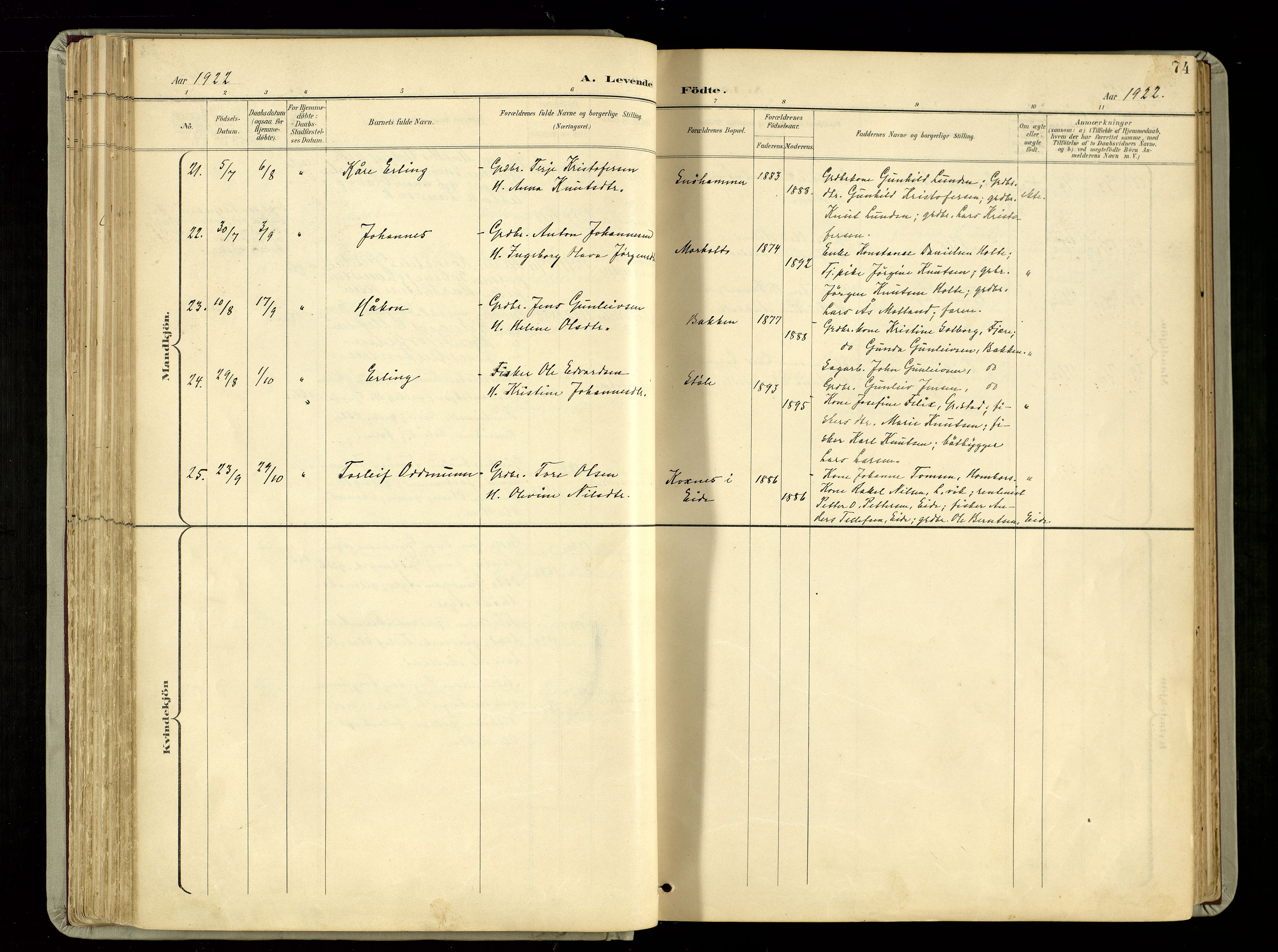 Hommedal sokneprestkontor, AV/SAK-1111-0023/F/Fa/Fab/L0007: Parish register (official) no. A 7, 1898-1924, p. 74