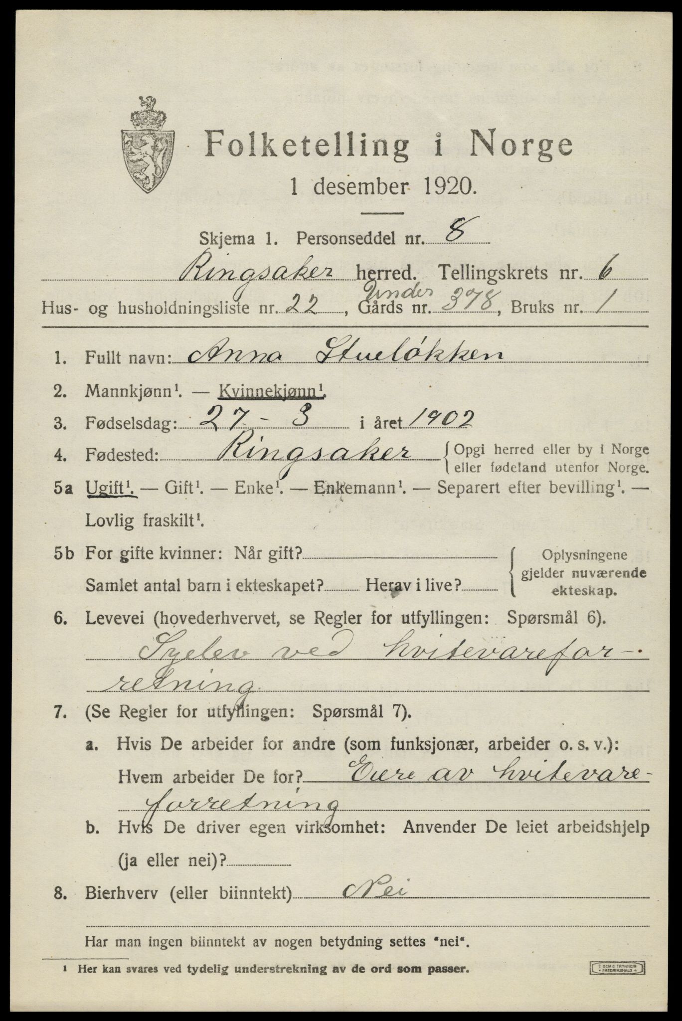 SAH, 1920 census for Ringsaker, 1920, p. 11520