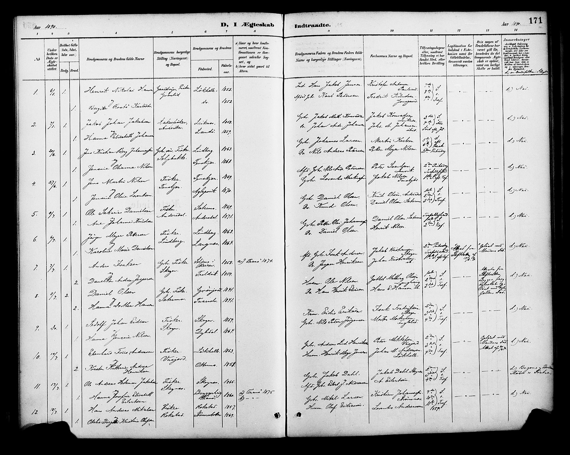 Lenvik sokneprestembete, SATØ/S-1310/H/Ha/Haa/L0013kirke: Parish register (official) no. 13, 1890-1898, p. 171