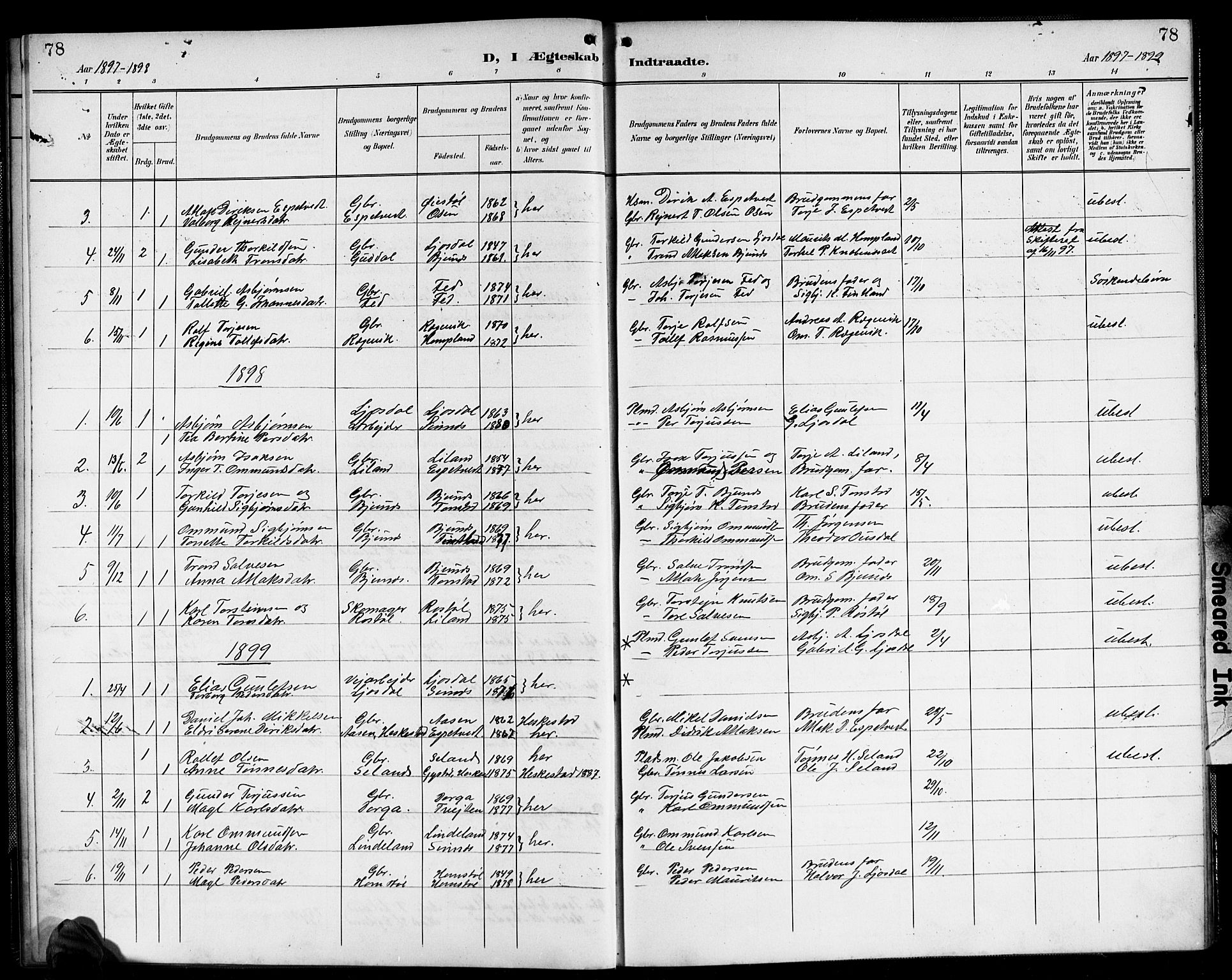 Sirdal sokneprestkontor, AV/SAK-1111-0036/F/Fb/Fbb/L0004: Parish register (copy) no. B 4, 1895-1916, p. 78