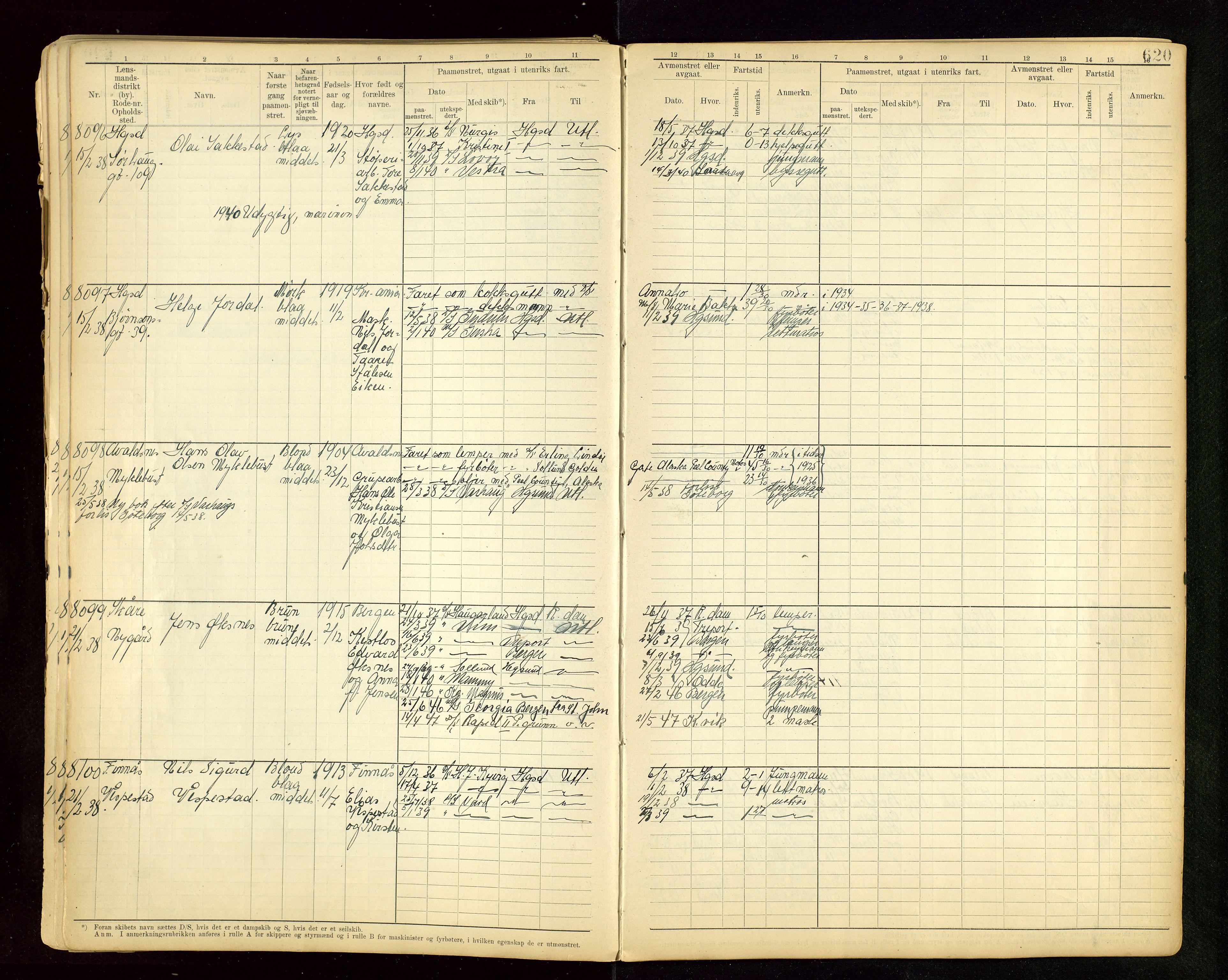 Haugesund sjømannskontor, AV/SAST-A-102007/F/Fb/Fbb/L0015: Sjøfartsrulle A Haugesund krets I nr 5001-8970, 1912-1948, p. 620