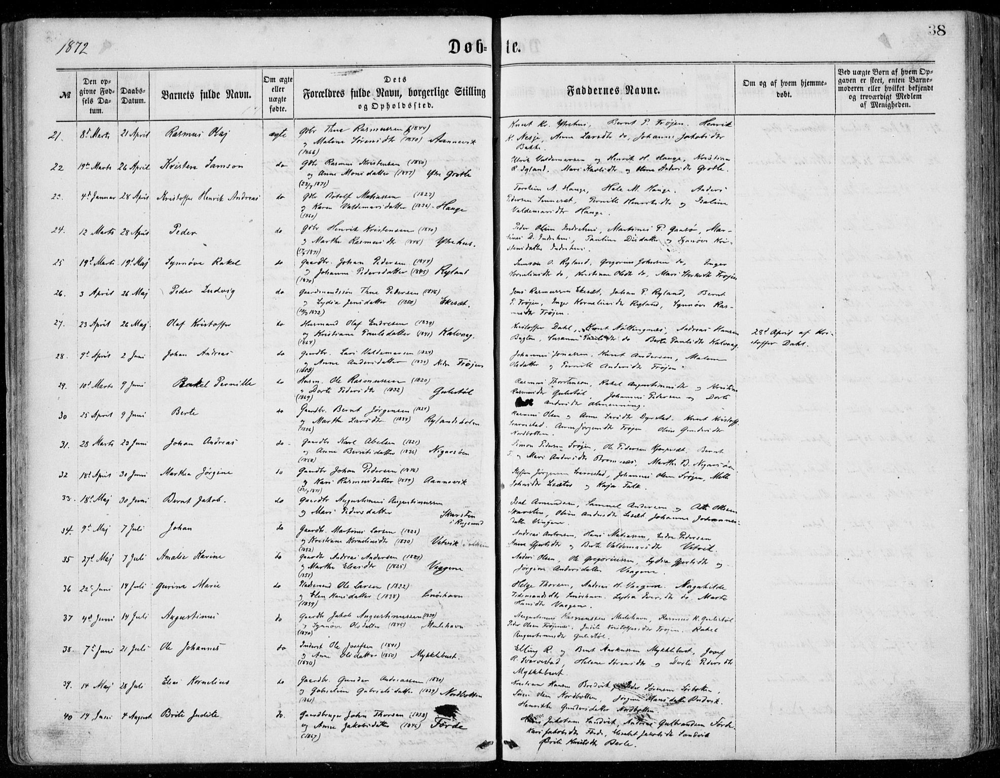 Bremanger sokneprestembete, SAB/A-82201/H/Haa/Haaa/L0001: Parish register (official) no. A  1, 1864-1883, p. 38