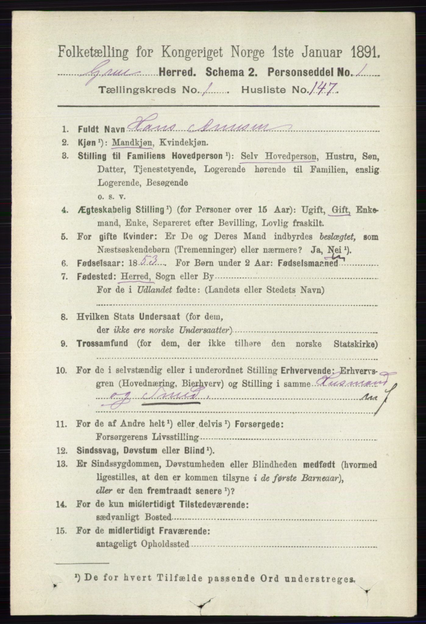 RA, 1891 census for 0423 Grue, 1891, p. 995