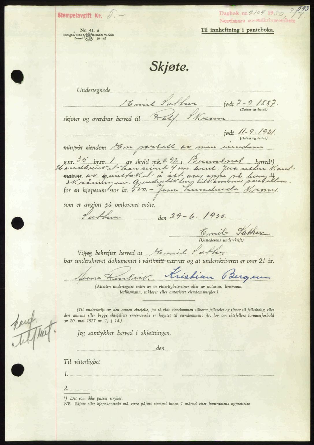 Nordmøre sorenskriveri, AV/SAT-A-4132/1/2/2Ca: Mortgage book no. A115, 1950-1950, Diary no: : 2104/1950