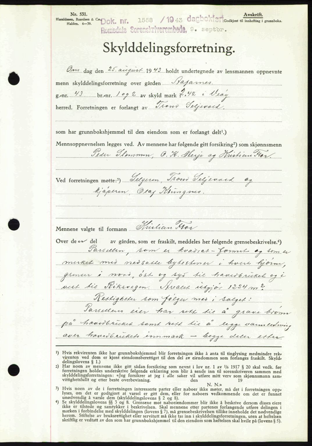 Romsdal sorenskriveri, AV/SAT-A-4149/1/2/2C: Mortgage book no. A14, 1943-1943, Diary no: : 1558/1943