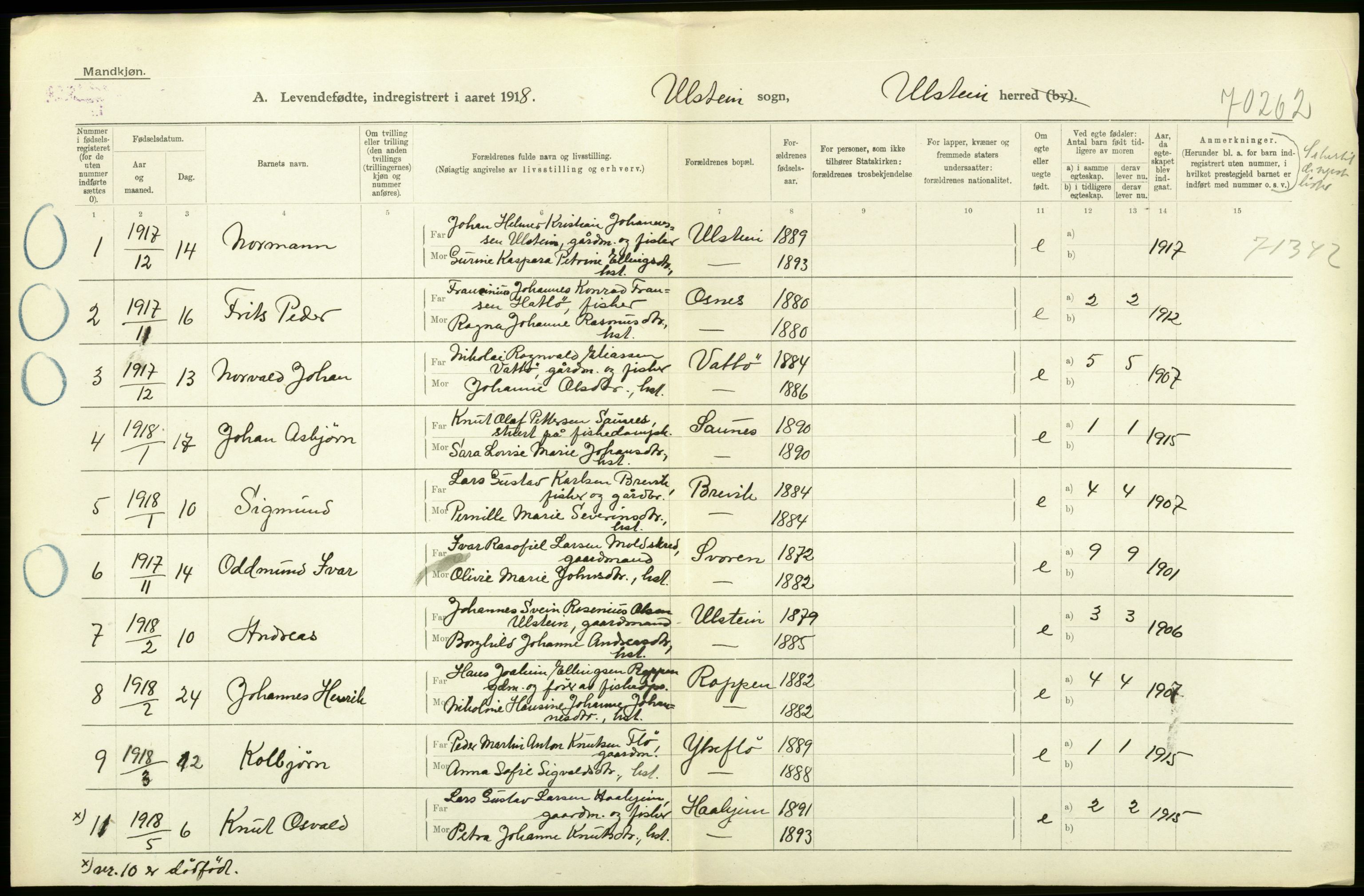 Statistisk sentralbyrå, Sosiodemografiske emner, Befolkning, RA/S-2228/D/Df/Dfb/Dfbh/L0043: Møre fylke: Levendefødte menn og kvinner. Bygder., 1918, p. 240