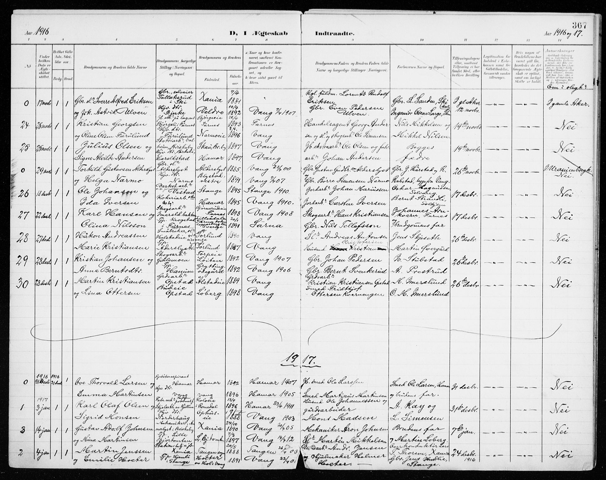 Vang prestekontor, Hedmark, SAH/PREST-008/H/Ha/Haa/L0021: Parish register (official) no. 21, 1902-1917, p. 367